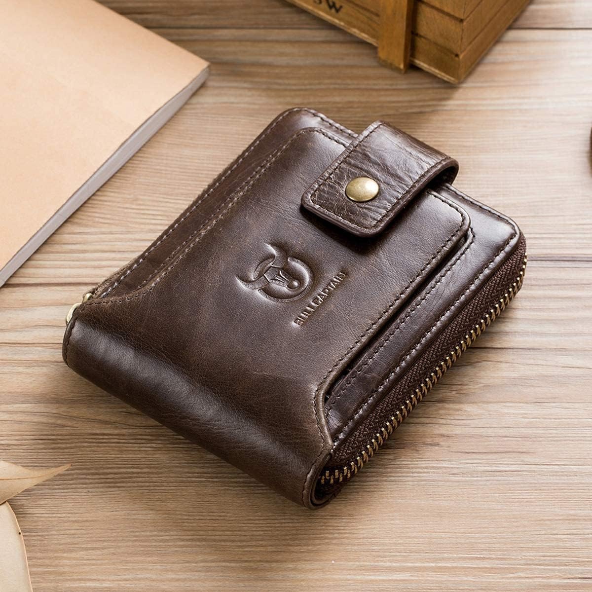 Genuine leather bifold wallet for men on wooden table