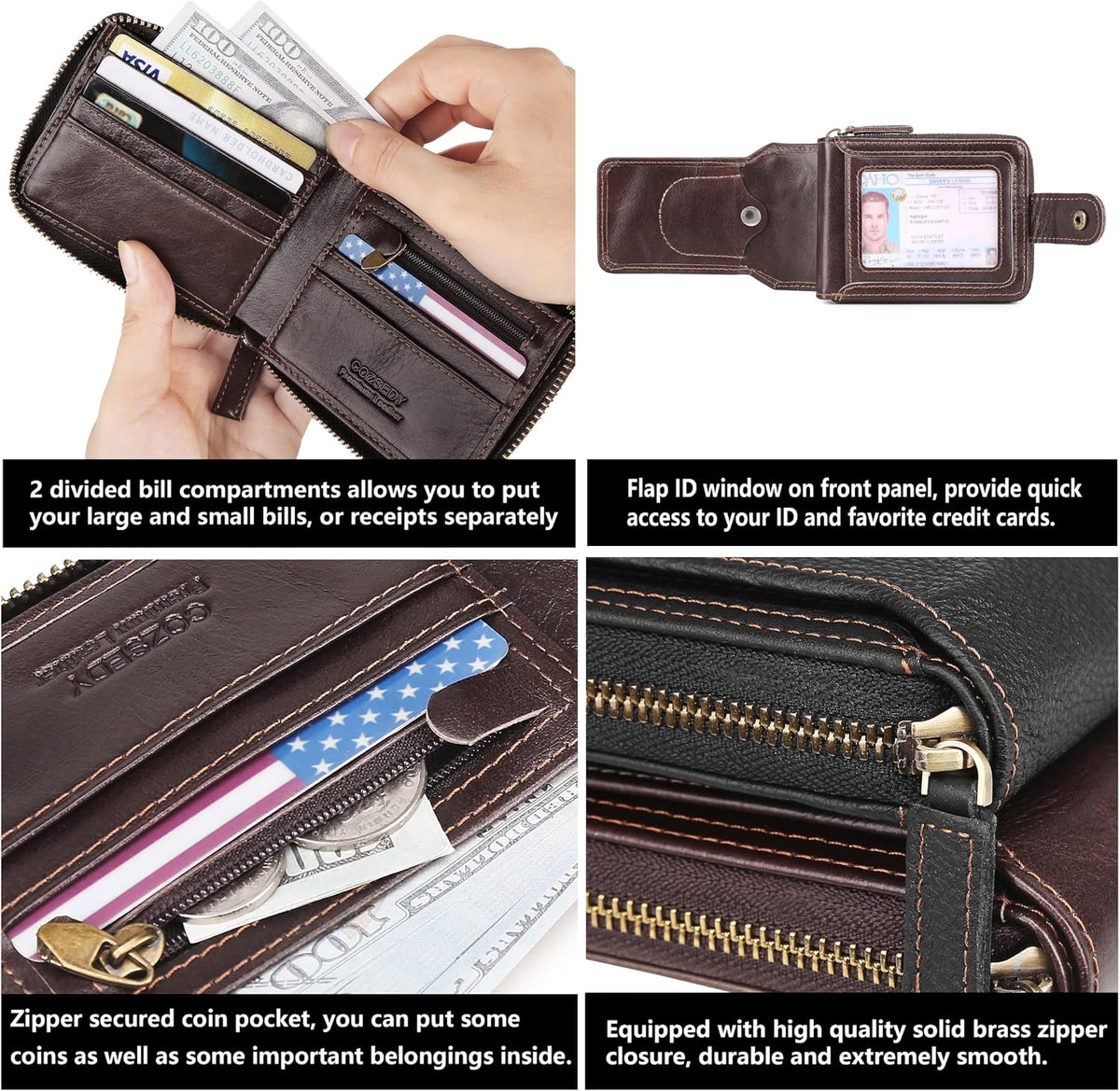 Airtag Wallets For Men With Zipper RFID Blocking Leather Bifold Mens Wallet - Big Capacity Credit Card Travel Wallet - Flap ID Window Zip Coin Pocket (Coffee)