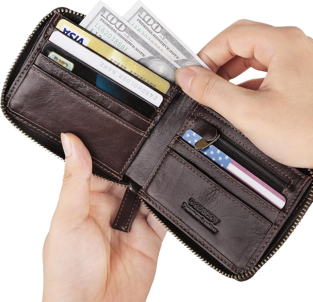 Airtag Wallets For Men With Zipper RFID Blocking Leather Bifold Mens Wallet - Big Capacity Credit Card Travel Wallet - Flap ID Window Zip Coin Pocket (Coffee)