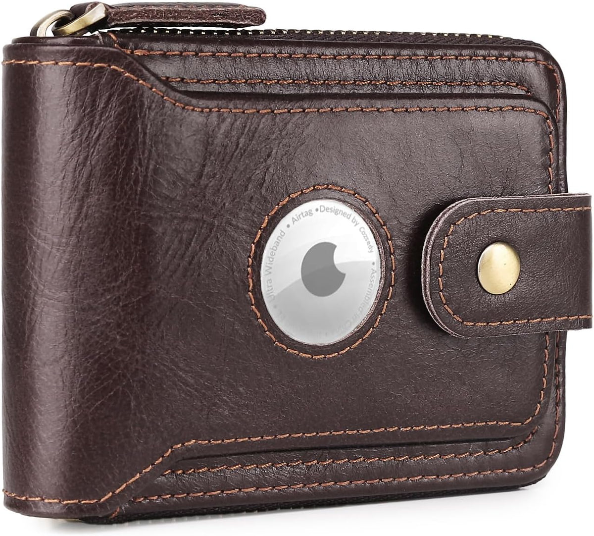 Men's Leather AirTag Wallet with Zipper RFID Blocking Bifold Brown