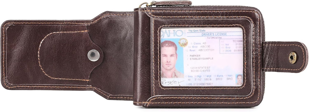 Airtag Wallets For Men With Zipper RFID Blocking Leather Bifold Mens Wallet - Big Capacity Credit Card Travel Wallet - Flap ID Window Zip Coin Pocket (Coffee)