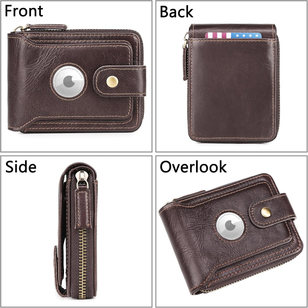 Airtag Wallets For Men With Zipper RFID Blocking Leather Bifold Mens Wallet - Big Capacity Credit Card Travel Wallet - Flap ID Window Zip Coin Pocket (Coffee)