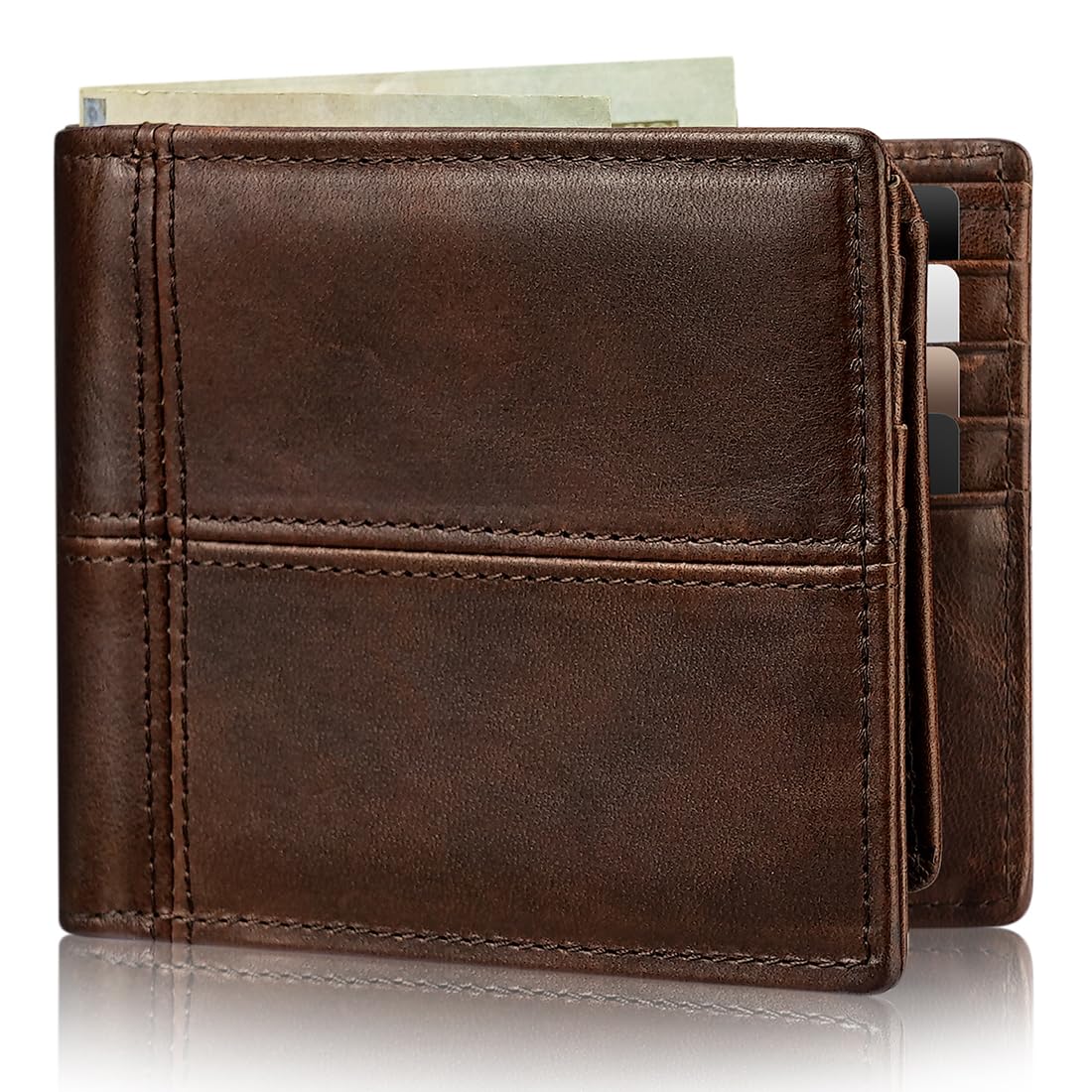 Men’s Leather RFID Wallet Bifold 12 Card Slots Dual ID Window Slim