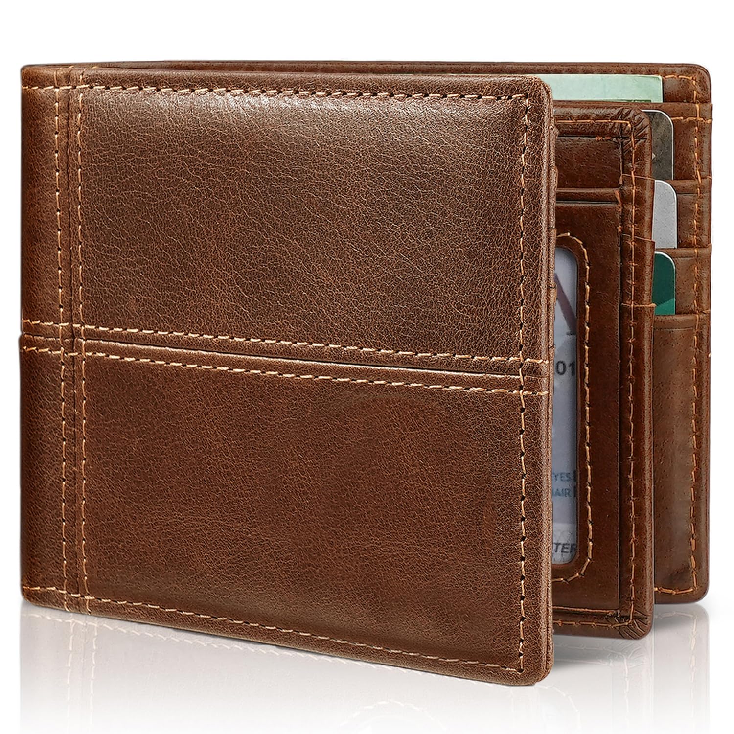 Men’s Leather RFID Wallet Bifold 12 Card Slots Dual ID Window Slim