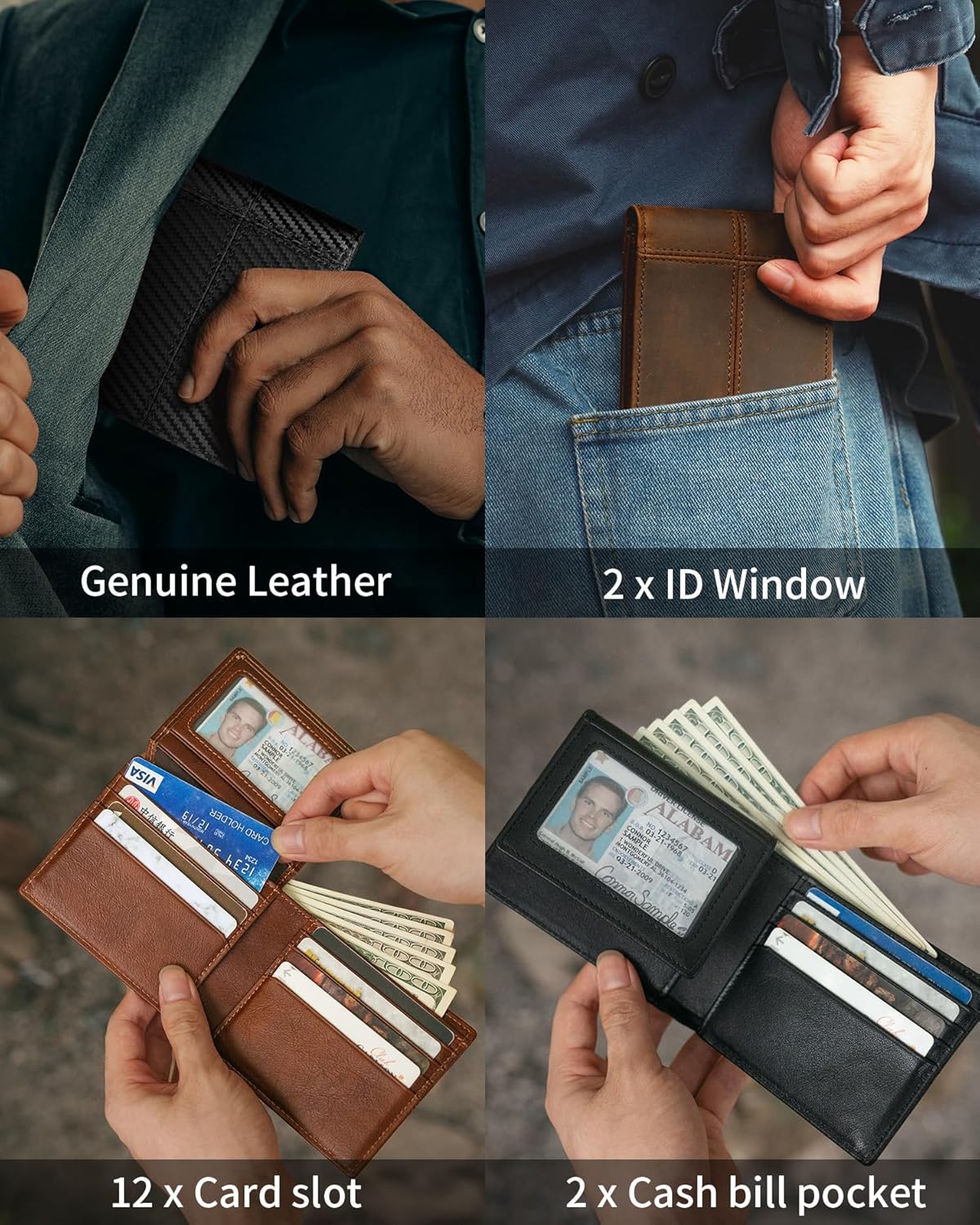 Mens Wallet Bifold Genuine Leather RFID Blocking Wallet for Men with 2 ID Windows 12 Card Holders 2 cash pockets 1 Gift Box