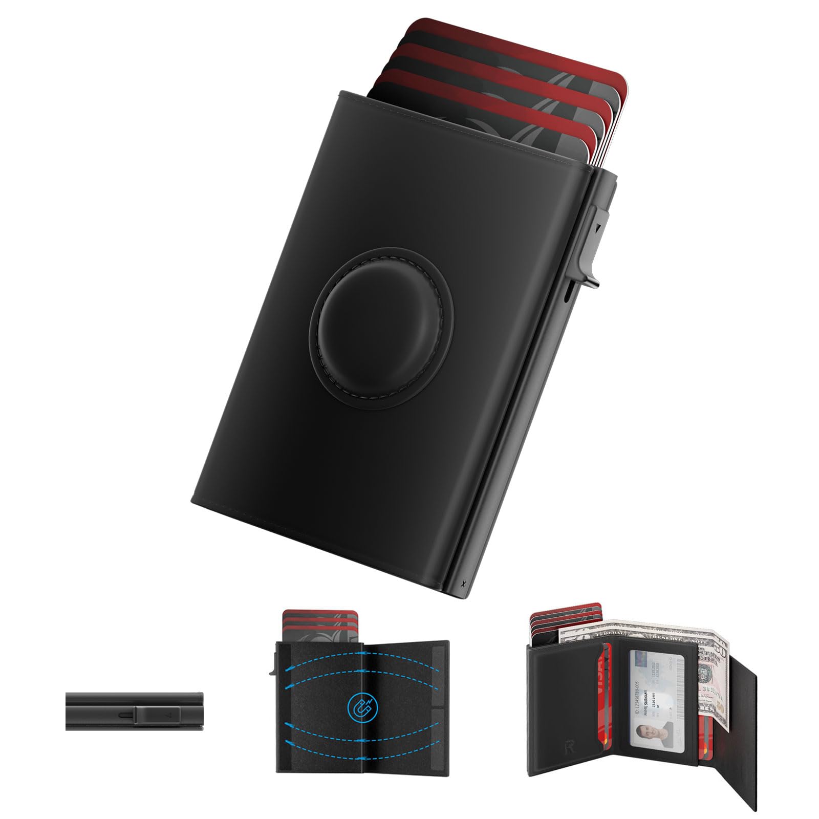 Men's Minimalist RFID Blocking Wallet with AirTag Holder – Slim Leather Card Holder with Pop - Up Feature, Money Clip, and ID Window - Abbycart