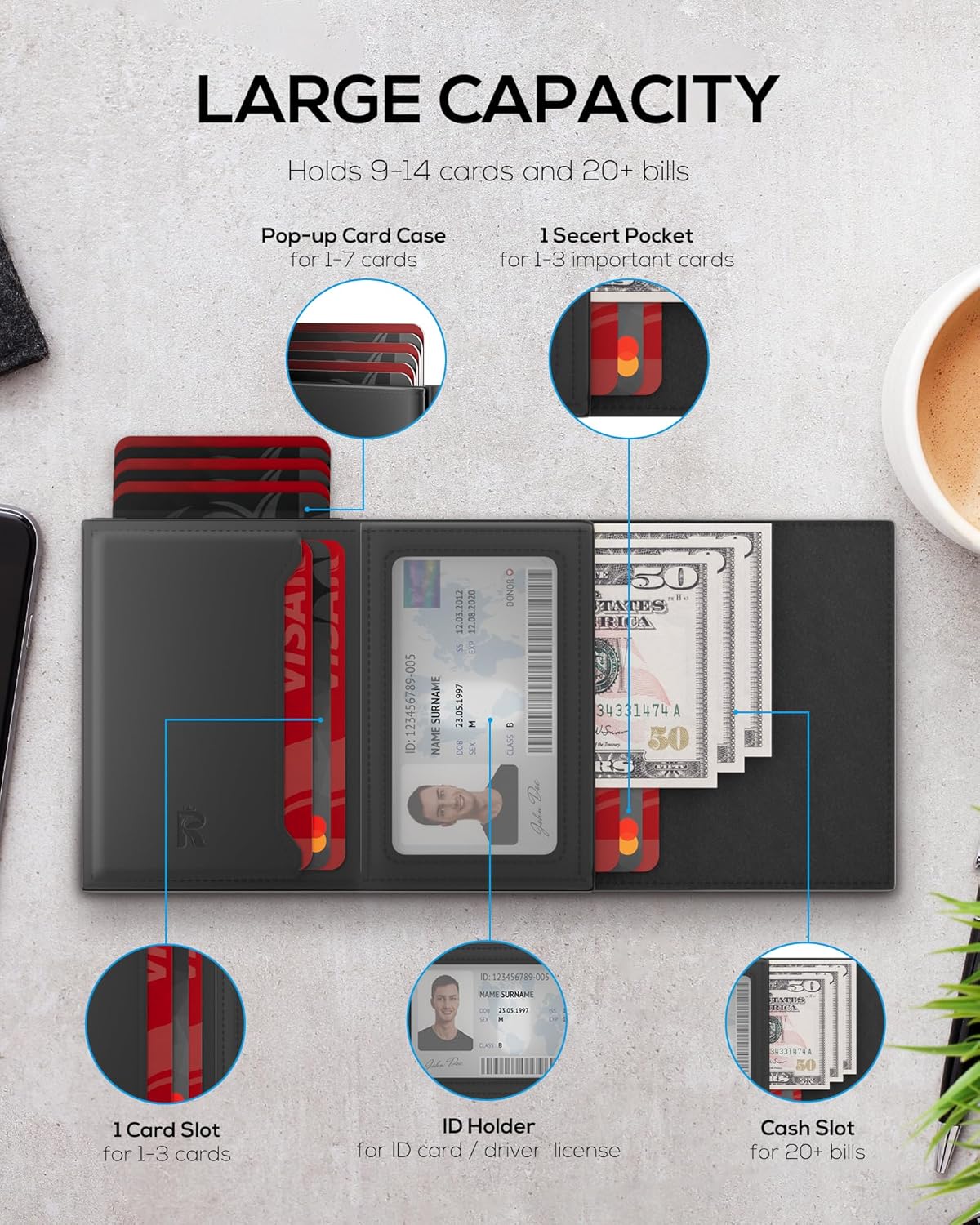 Men's Minimalist RFID Blocking Wallet with AirTag Holder – Slim Leather Card Holder with Pop - Up Feature, Money Clip, and ID Window - Abbycart