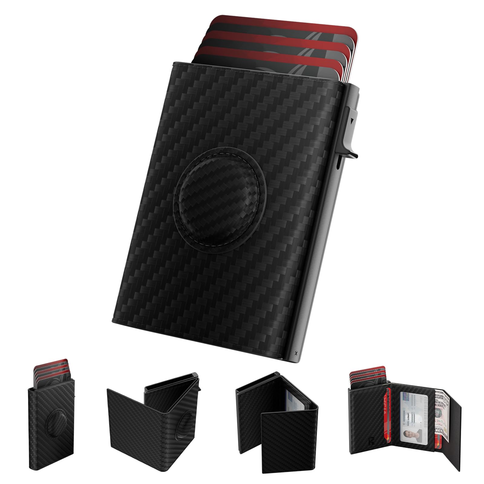 Men's Minimalist RFID Blocking Wallet with AirTag Holder – Slim Leather Card Holder with Pop - Up Feature, Money Clip, and ID Window - Abbycart