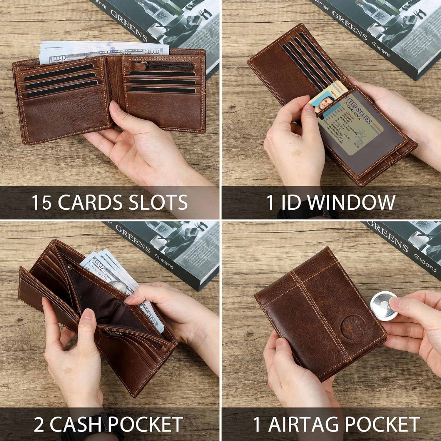Men's RFID Blocking AirTag Wallet – Genuine Leather Bifold with 15 Card Slots - Abbycart