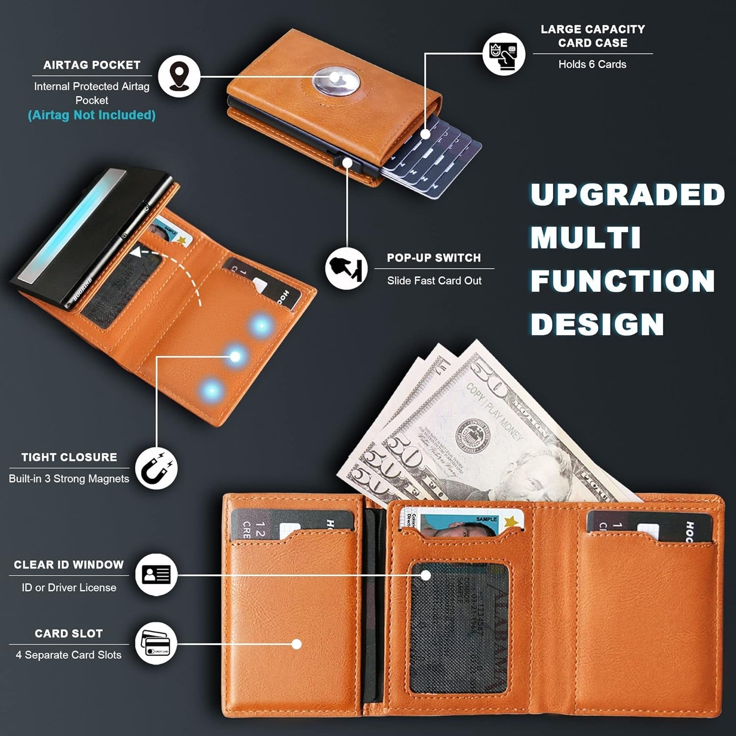 Men's RFID - Blocking Wallet with AirTag Holder – Slim Leather Card Holder with Pop - Up Design - Abbycart