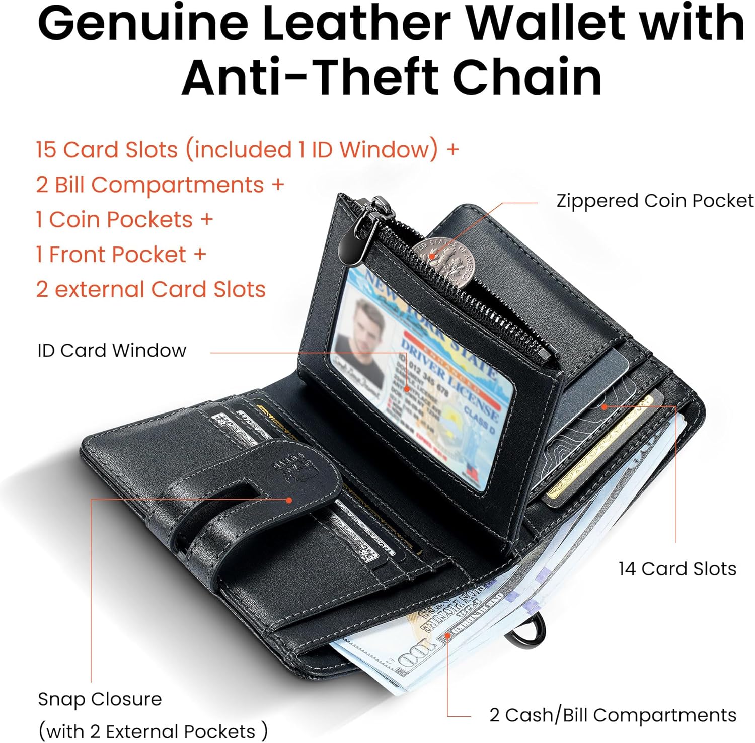 furid Genuine Leather Men's Wallet: Zipper Pocket Anti-Theft Chain Wallet | Top Grain Leather RFID Wallet with Chain - 15 Card Slots Bifold Card Wallet for Motorcycle Riding - Gift for Father Husband