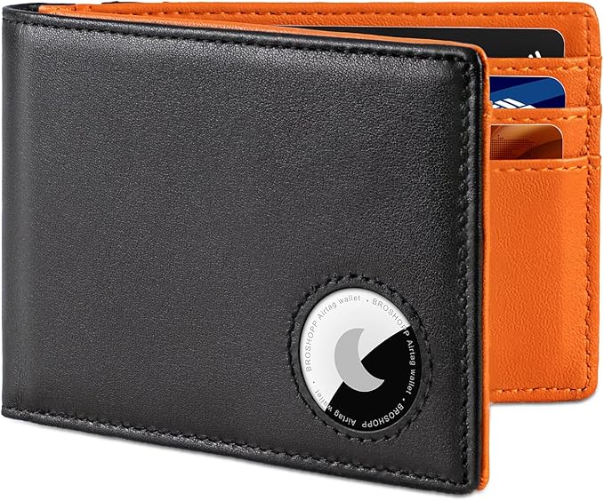 Men's Slim Bifold Leather AirTag Wallet – RFID Blocking, 9 Card Slots, ID Window, and Cash Holder
