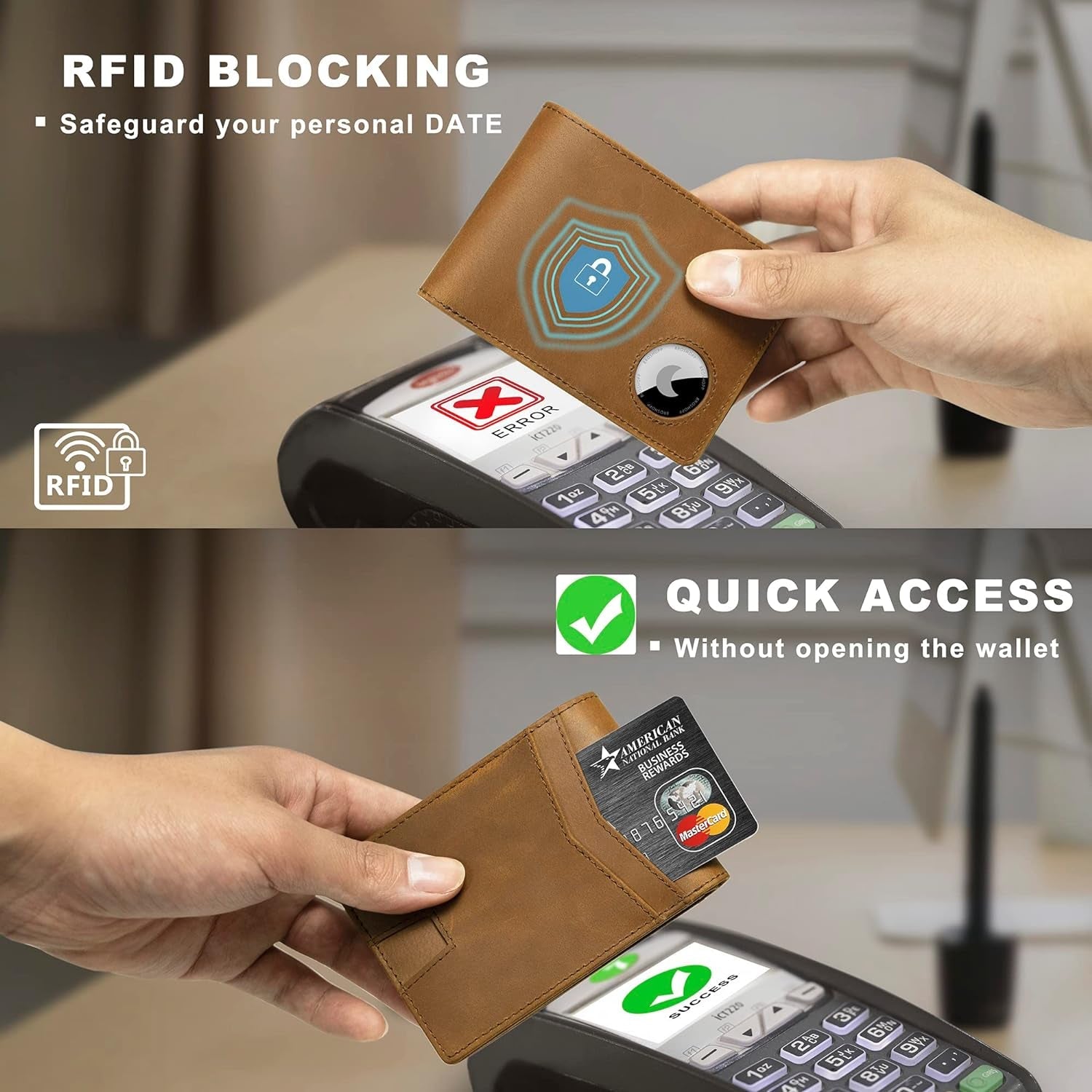 Men's Slim Bifold Leather AirTag Wallet – RFID Blocking, 9 Card Slots, ID Window, and Cash Holder
