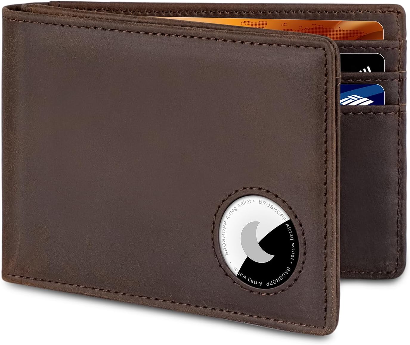 Men's Slim Bifold Leather AirTag Wallet – RFID Blocking, 9 Card Slots, ID Window, and Cash Holder