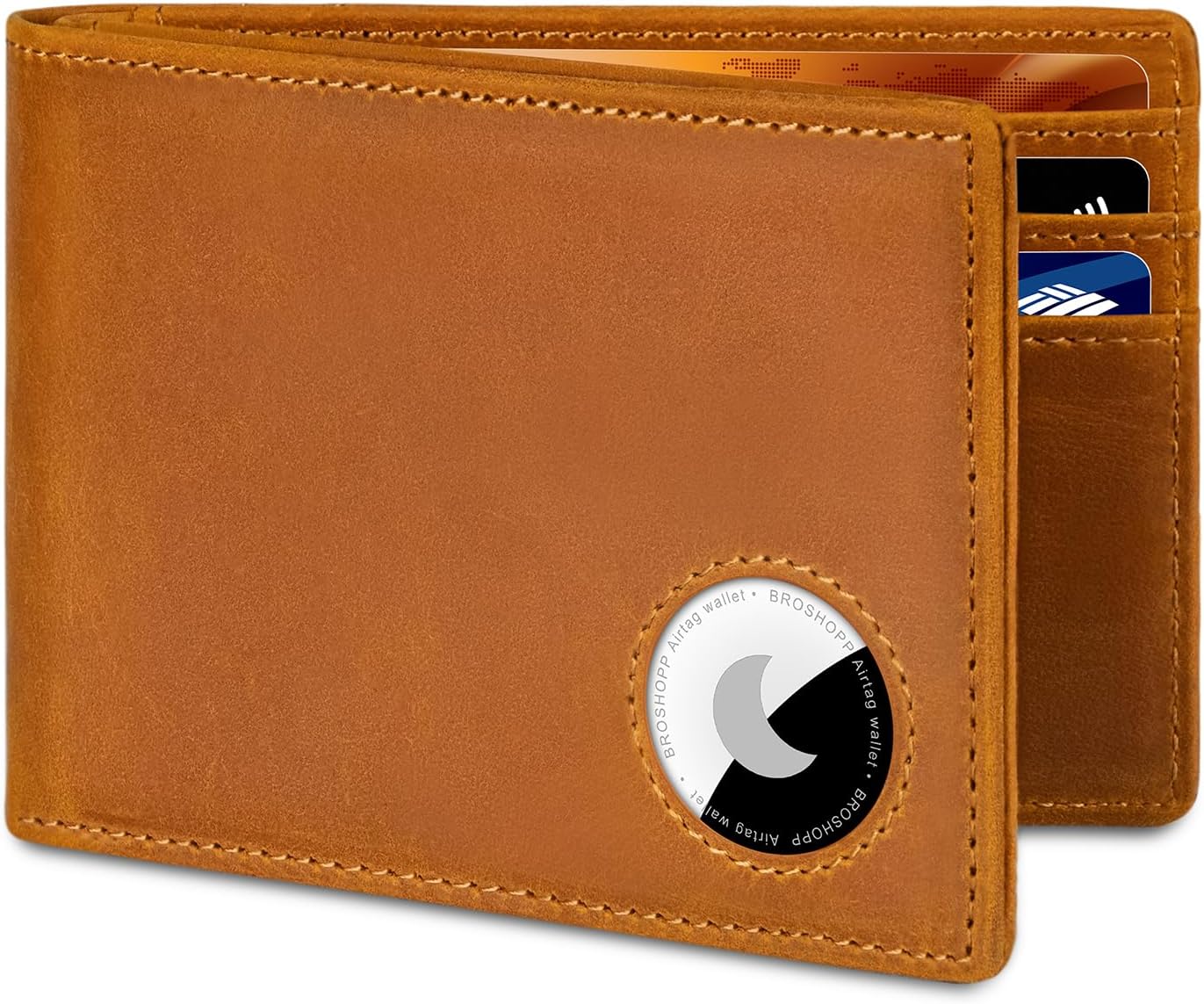 Men's Slim Bifold Leather AirTag Wallet – RFID Blocking, 9 Card Slots, ID Window, and Cash Holder