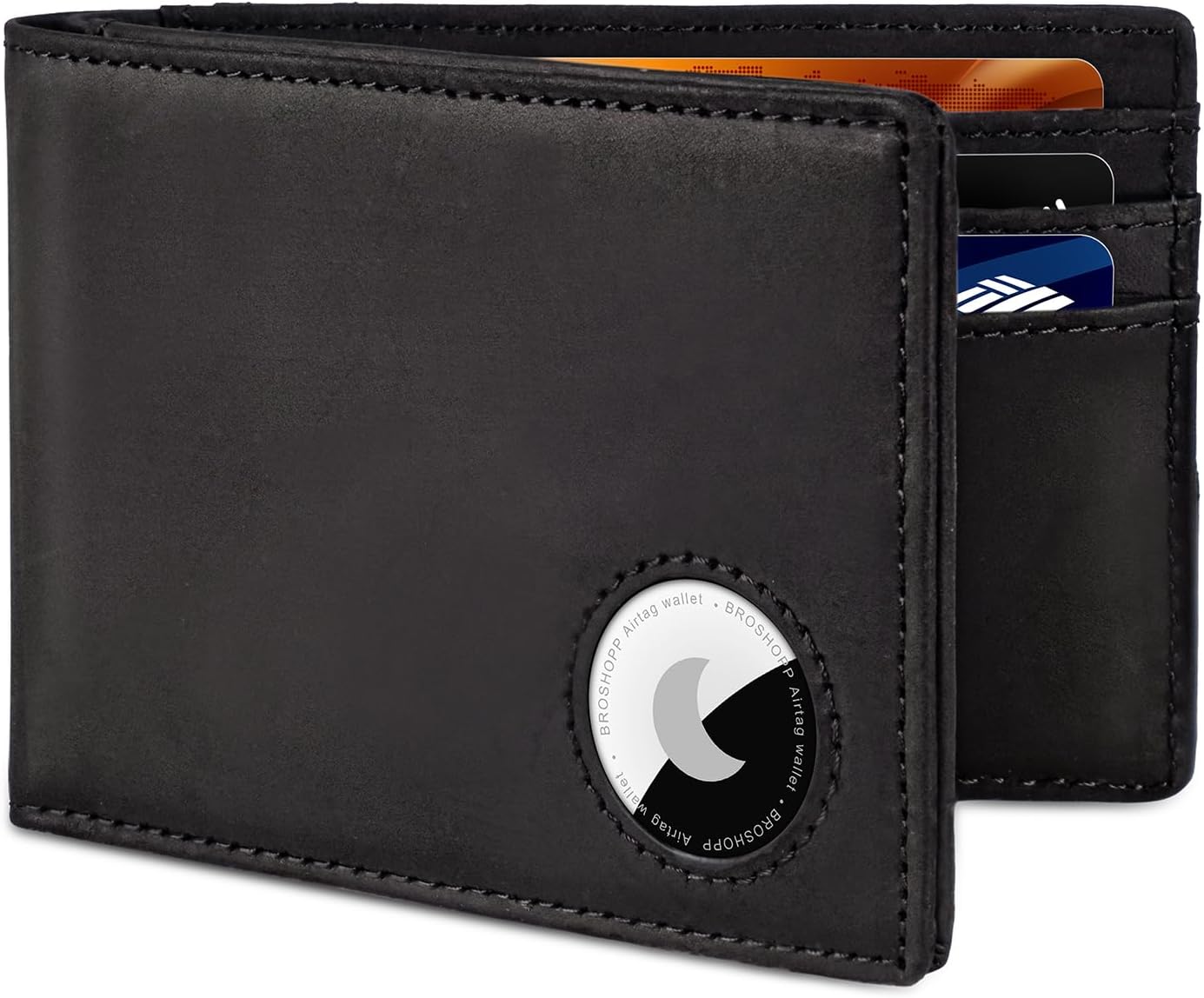 Men's Slim Bifold Leather AirTag Wallet – RFID Blocking, 9 Card Slots, ID Window, and Cash Holder