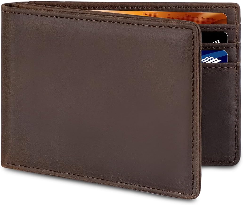 Men's Slim Bifold Leather AirTag Wallet – RFID Blocking, 9 Card Slots, ID Window, and Cash Holder