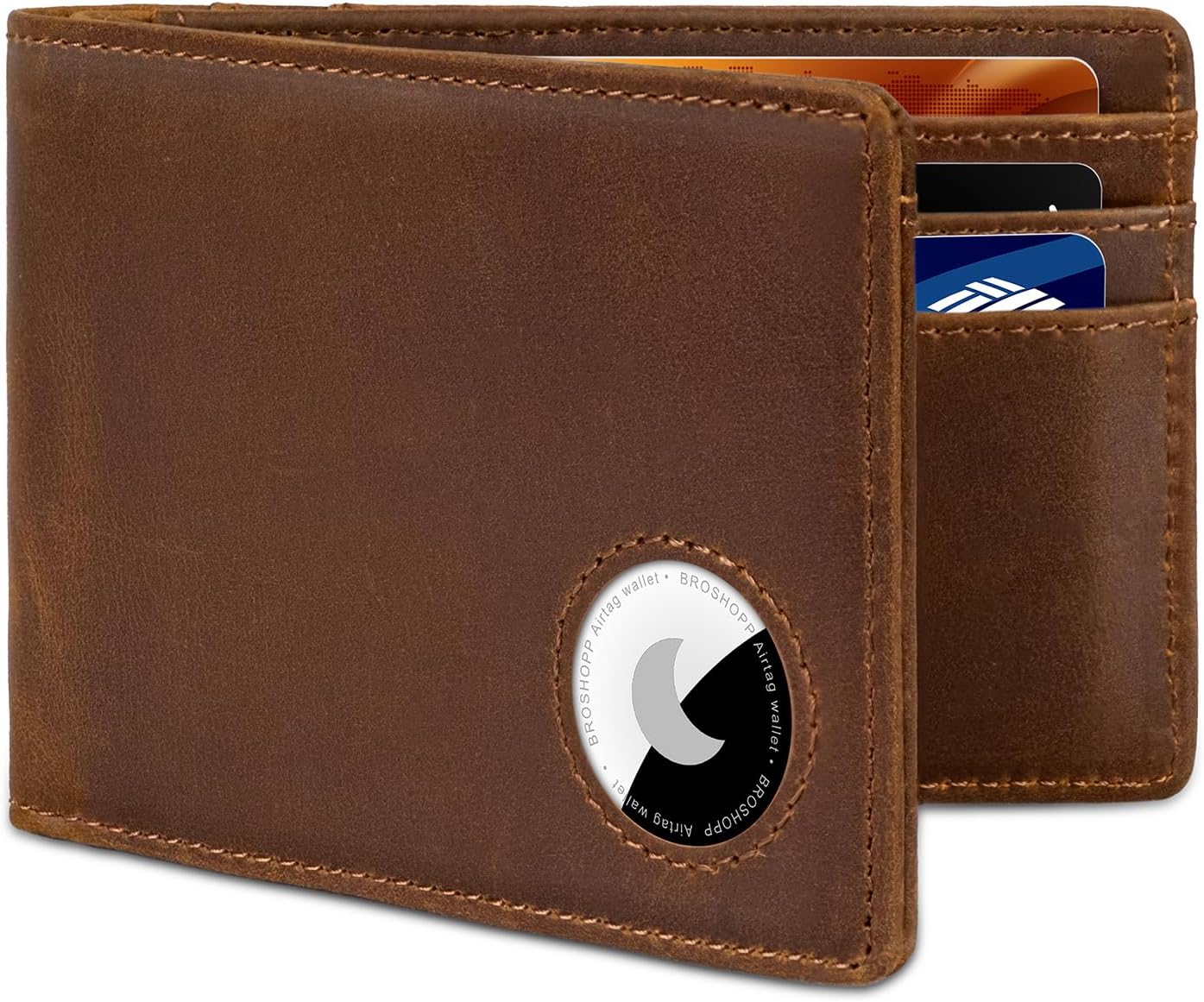 Men's Slim Bifold Leather AirTag Wallet – RFID Blocking, 9 Card Slots, ID Window, and Cash Holder