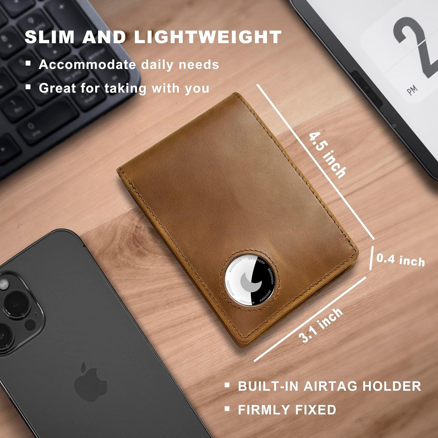 Men's Slim Bifold Leather AirTag Wallet – RFID Blocking, 9 Card Slots, ID Window, and Cash Holder