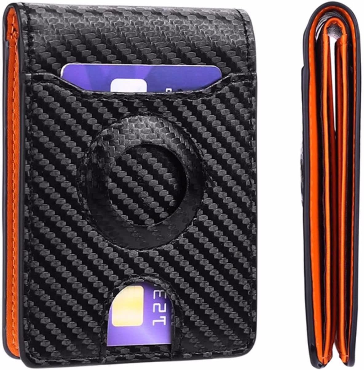 Men's Slim Leather AirTag Wallet – RFID Blocking, Carbon Fiber Design, Holds 11 Cards - Abbycart