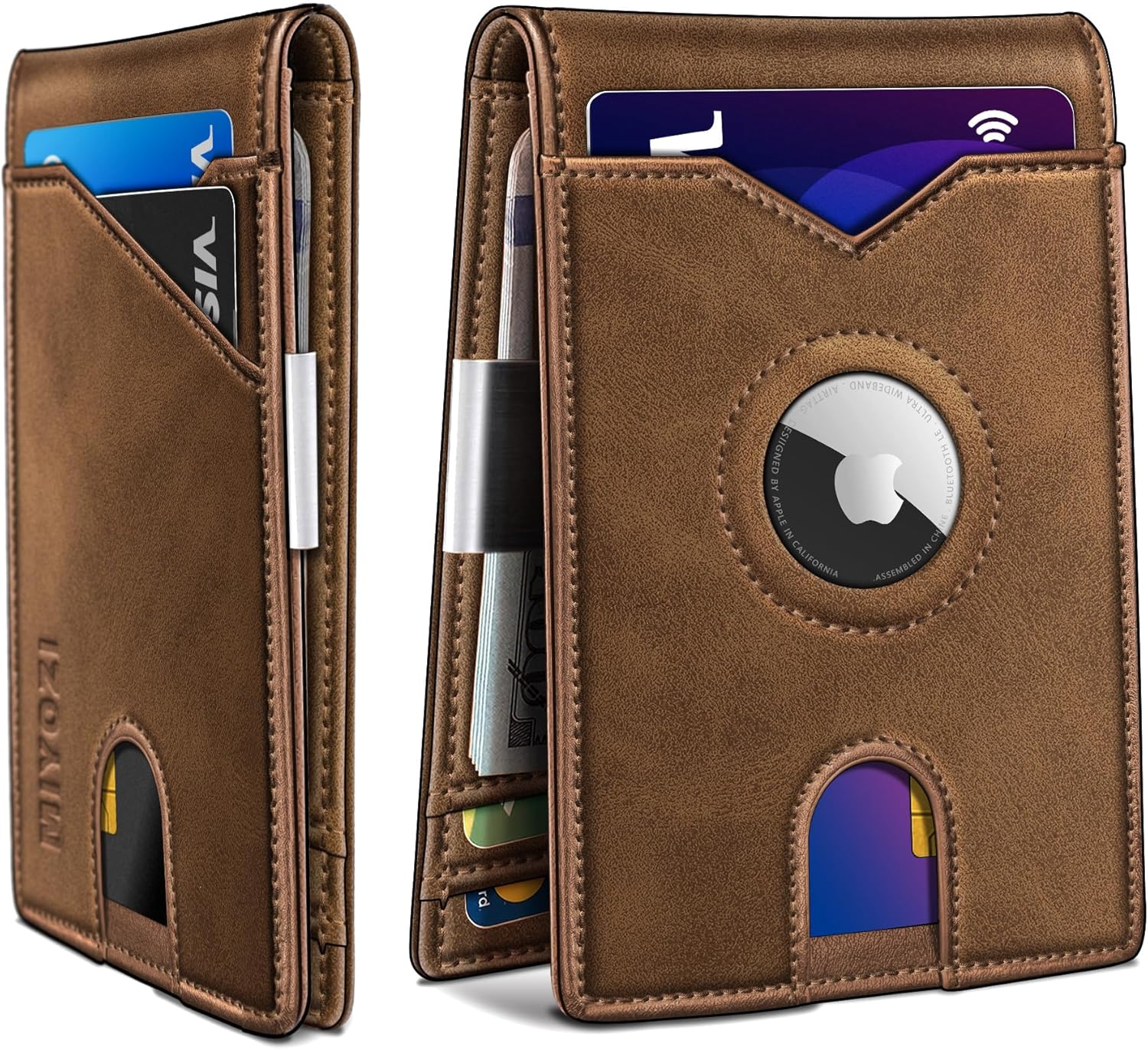 Men's Slim Leather AirTag Wallet with RFID Blocking & Money Clip