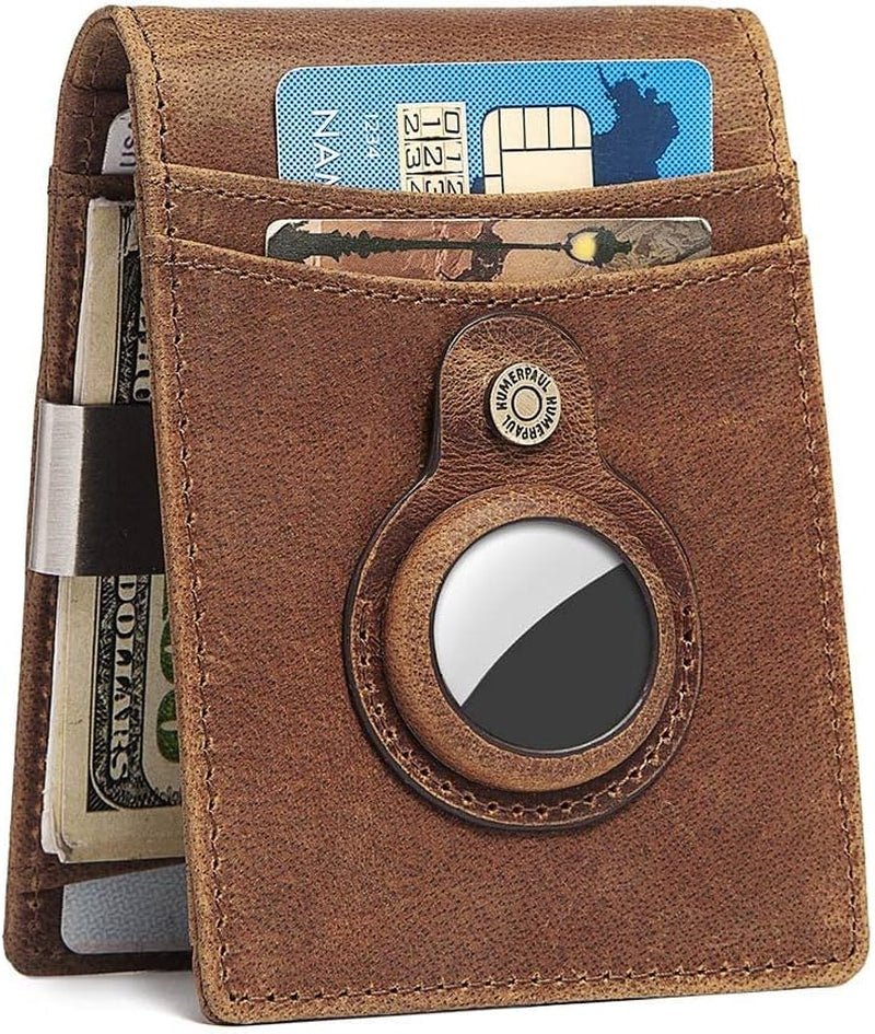 Men’s Slim Leather Wallet with AirTag Holder – RFID Blocking Bifold Wallet