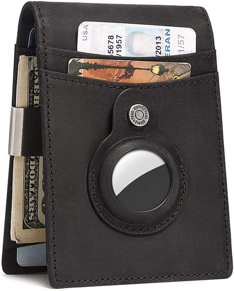 Men’s Slim Leather Wallet with AirTag Holder – RFID Blocking Bifold Wallet