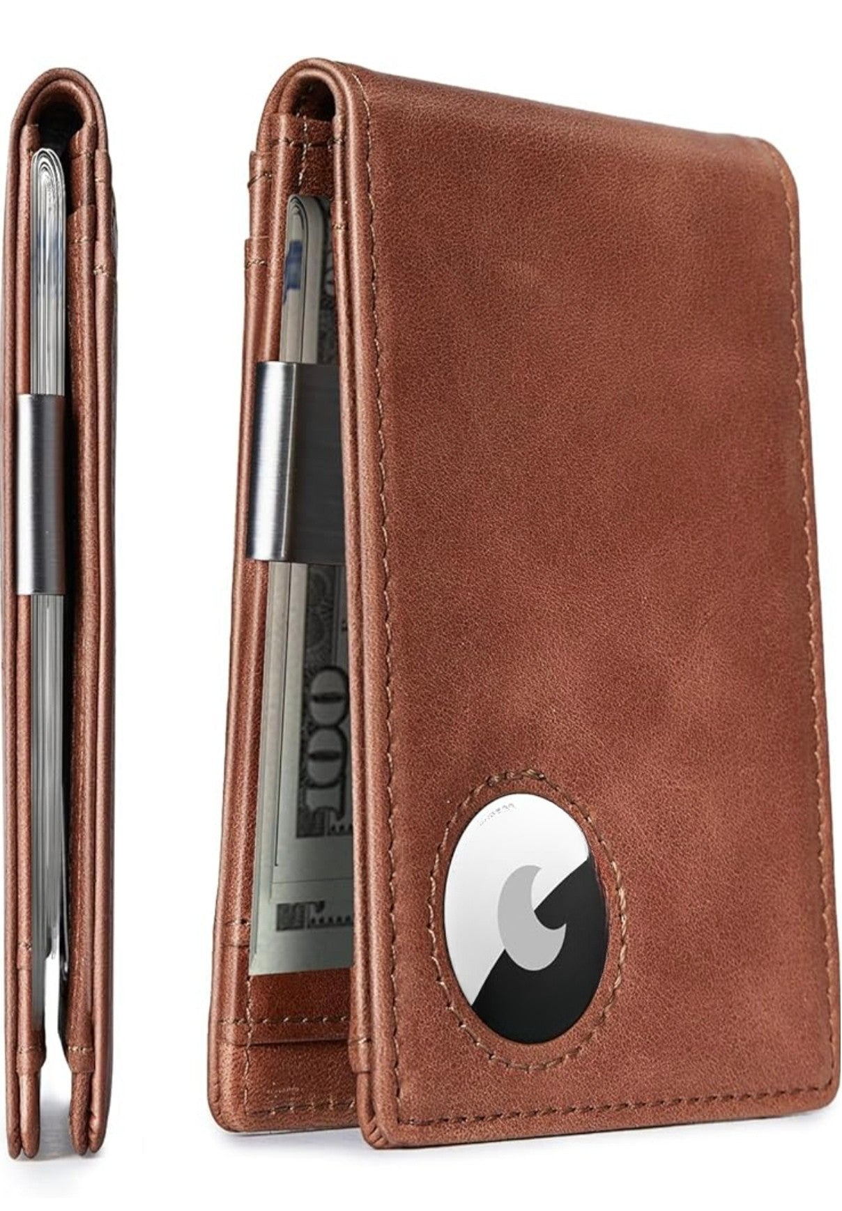 Men's Slim Leather Wallet with Built-in AirTag Holder - RFID Blocking Bifold Wallet