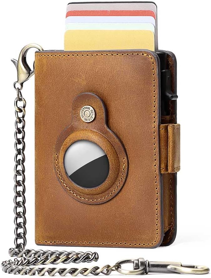 Men's Slim RFID Blocking AirTag Wallet – Genuine Leather, Anti - Theft Chain, 12 Card Slots - Abbycart