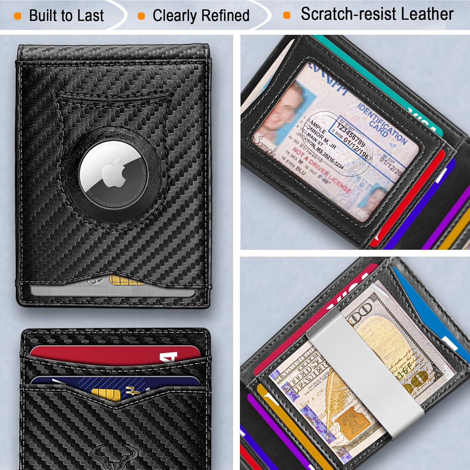 Men's Slim RFID Blocking Wallet with AirTag Holder – Genuine Leather Bifold with Money Clip and 11 Card Slots - Abbycart
