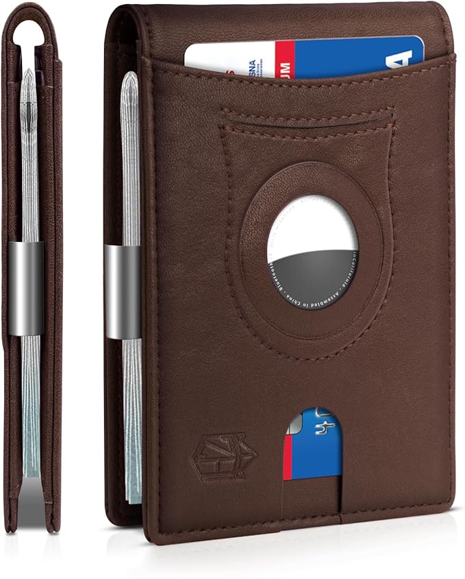 Men's Slim RFID Leather Wallet with AirTag Holder - Stylish & Secure