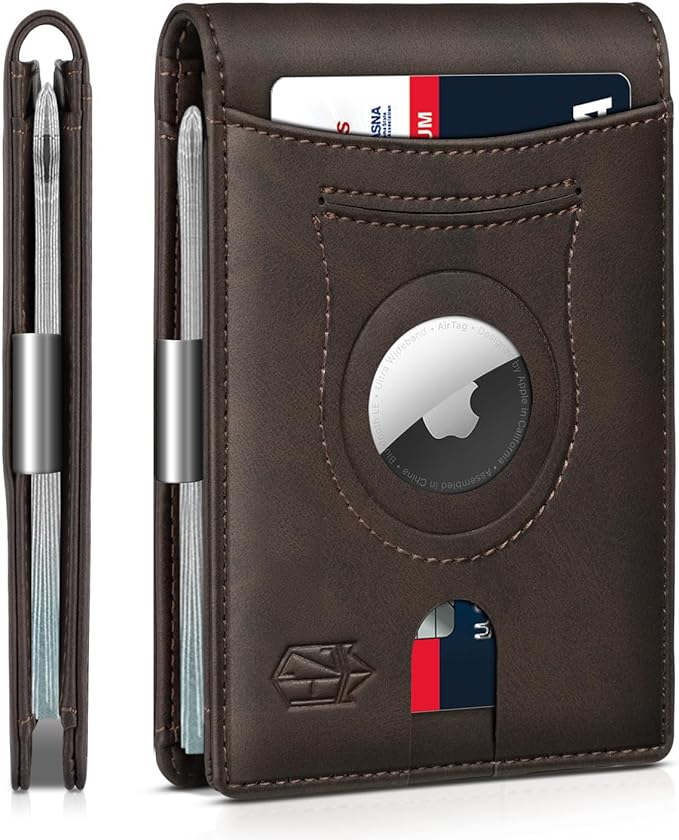 Men's Slim RFID Leather Wallet with AirTag Holder - Stylish & Secure