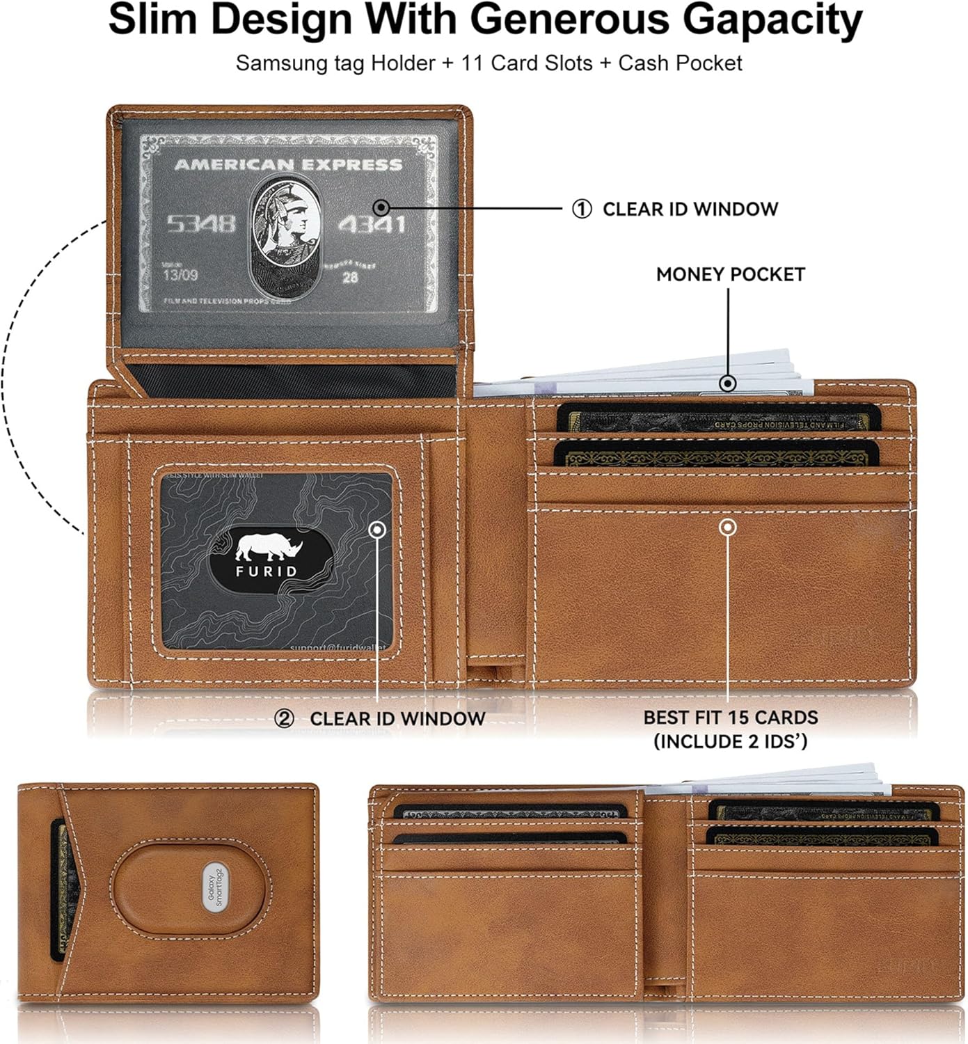 Mens Wallet for Samsung Galaxy SmartTag2 Slim Minimalist | Anti-Lost RFID Blocking Bifold Leather Wallet with Money Clip