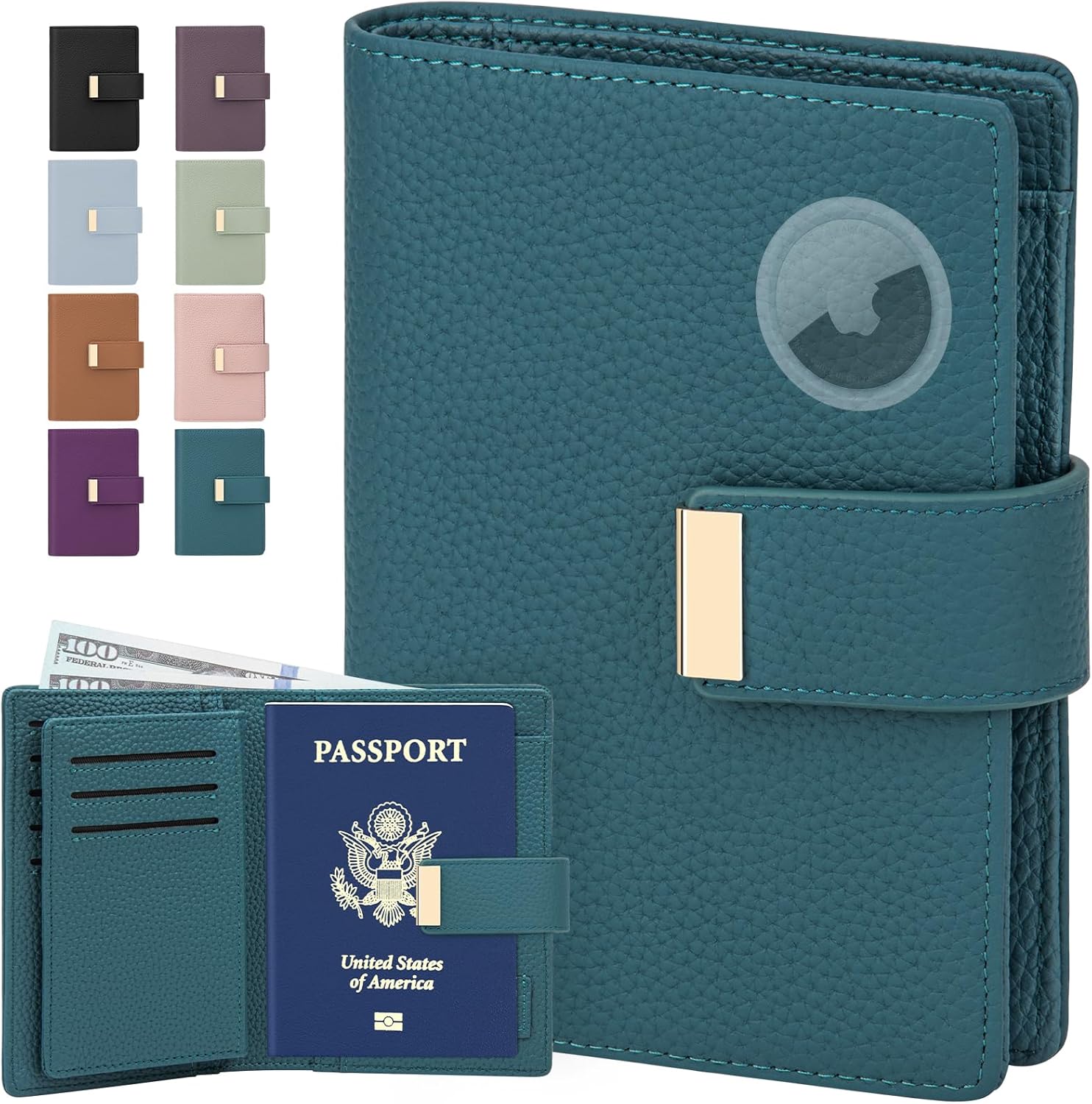 RFID Passport Holder with AirTag Slot Leather Travel Wallet