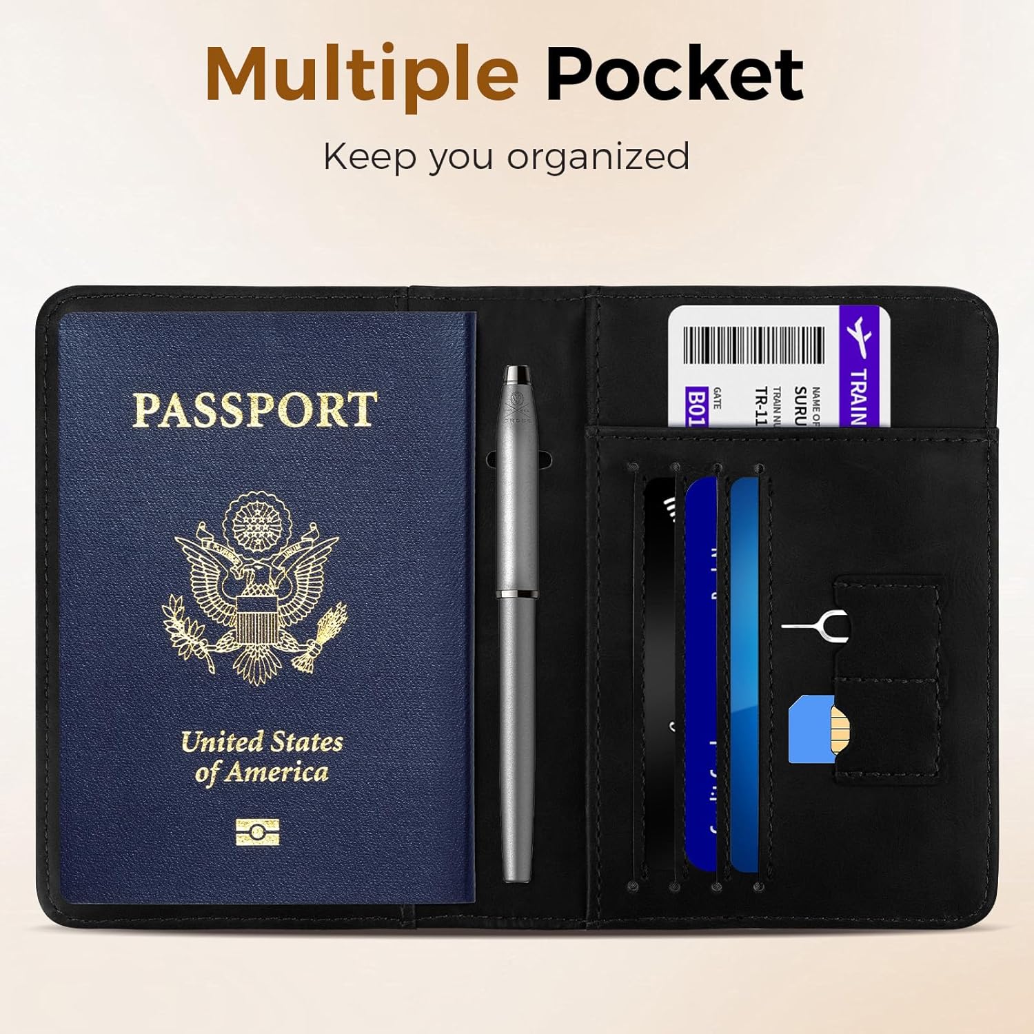 Passport Holder for Travel | RFID Blocking Leather Passport Wallet with AirTag Slot, Card Holder & Pen Slot Gift for Men Women - Abbycart