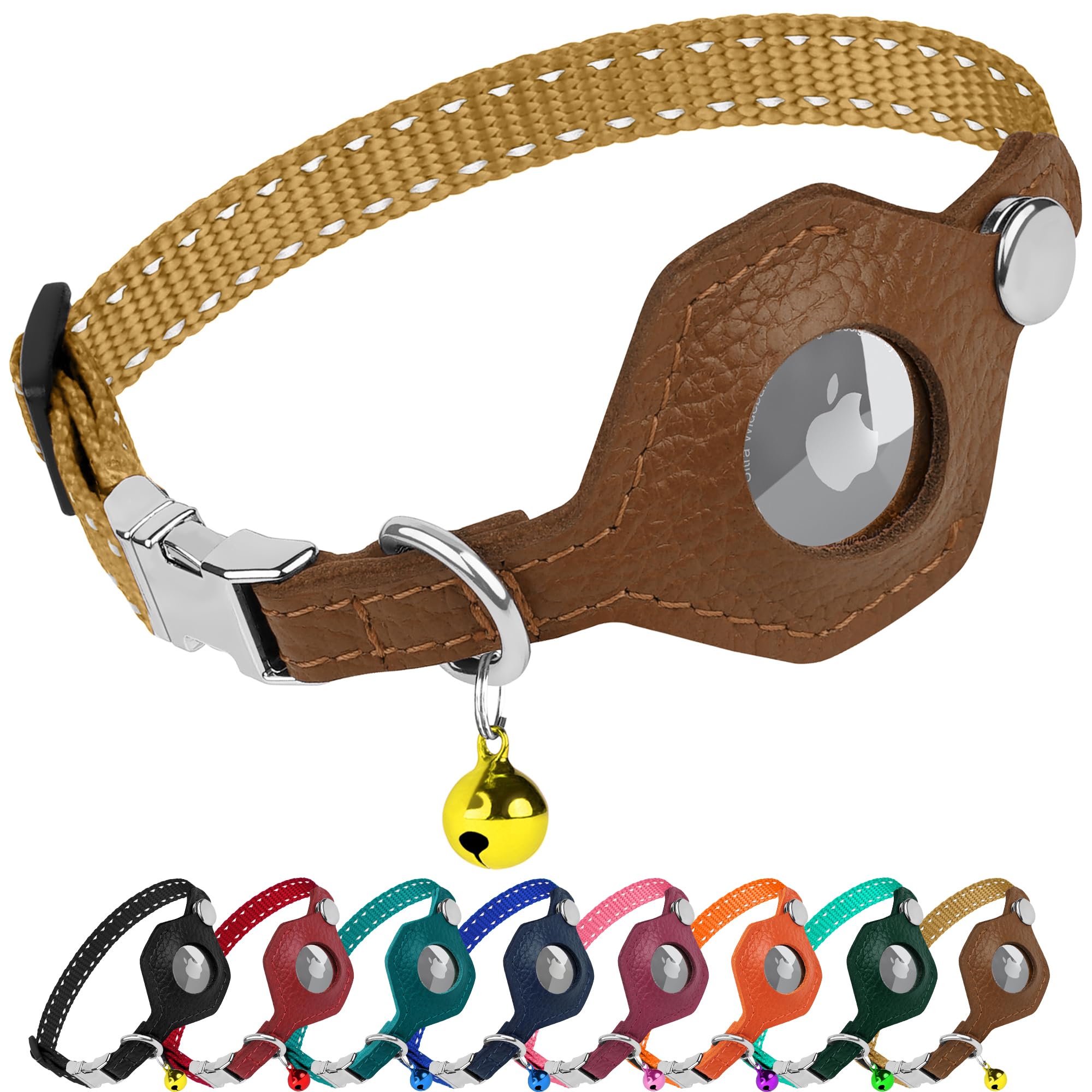 Reflective AirTag Cat Collar with Leather Holder & Metal Buckle