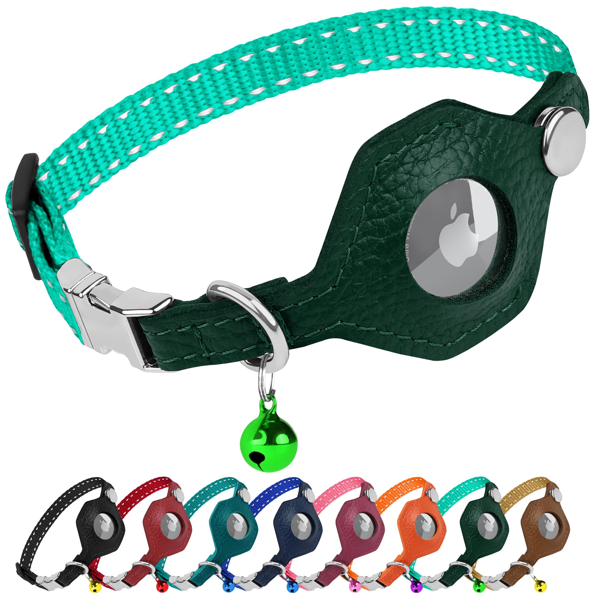 Reflective AirTag Cat Collar with Leather Holder & Metal Buckle