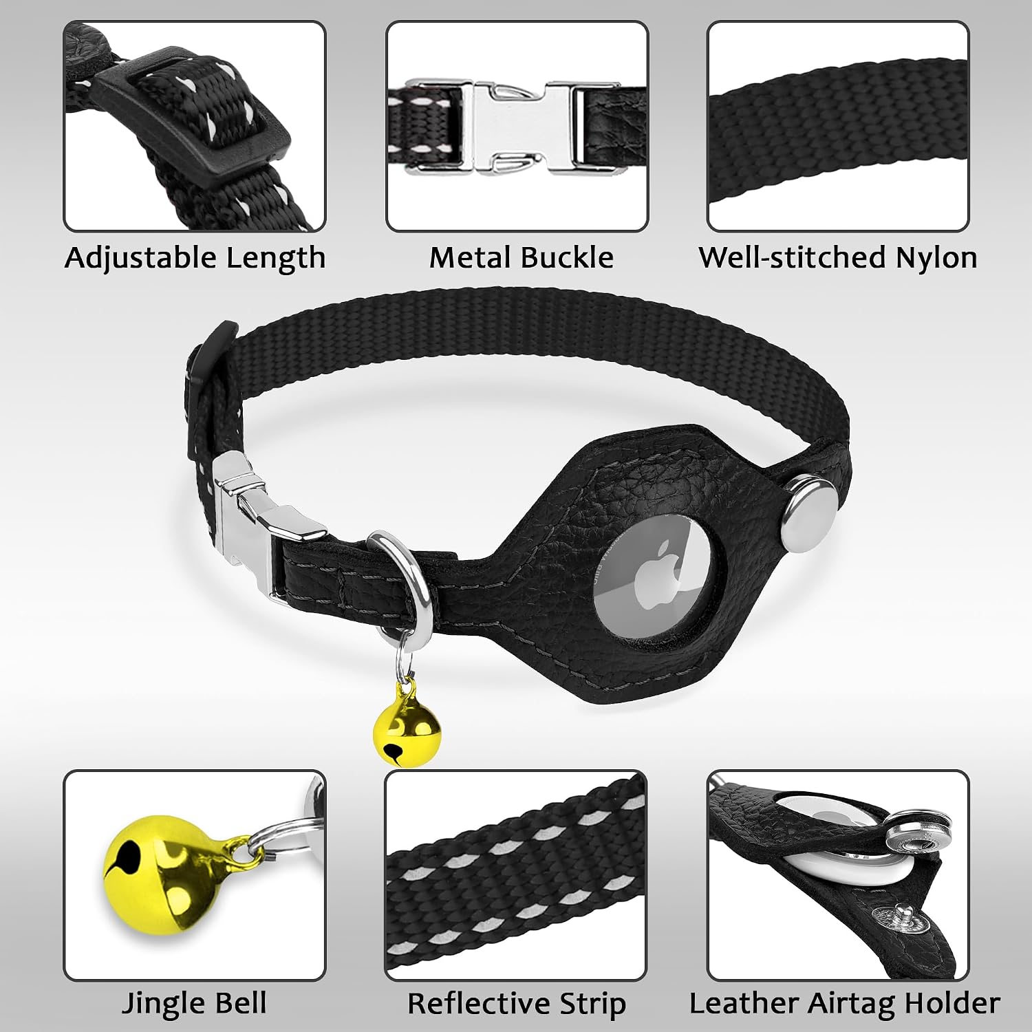 Reflective AirTag Cat Collar with Metal Buckle - Leather Soft Non Breakaway Cat Collars with Apple Air Tag Holder and Bell - Tracking GPS Secure Pet Collars for Cats Kitten Puppy (Black)