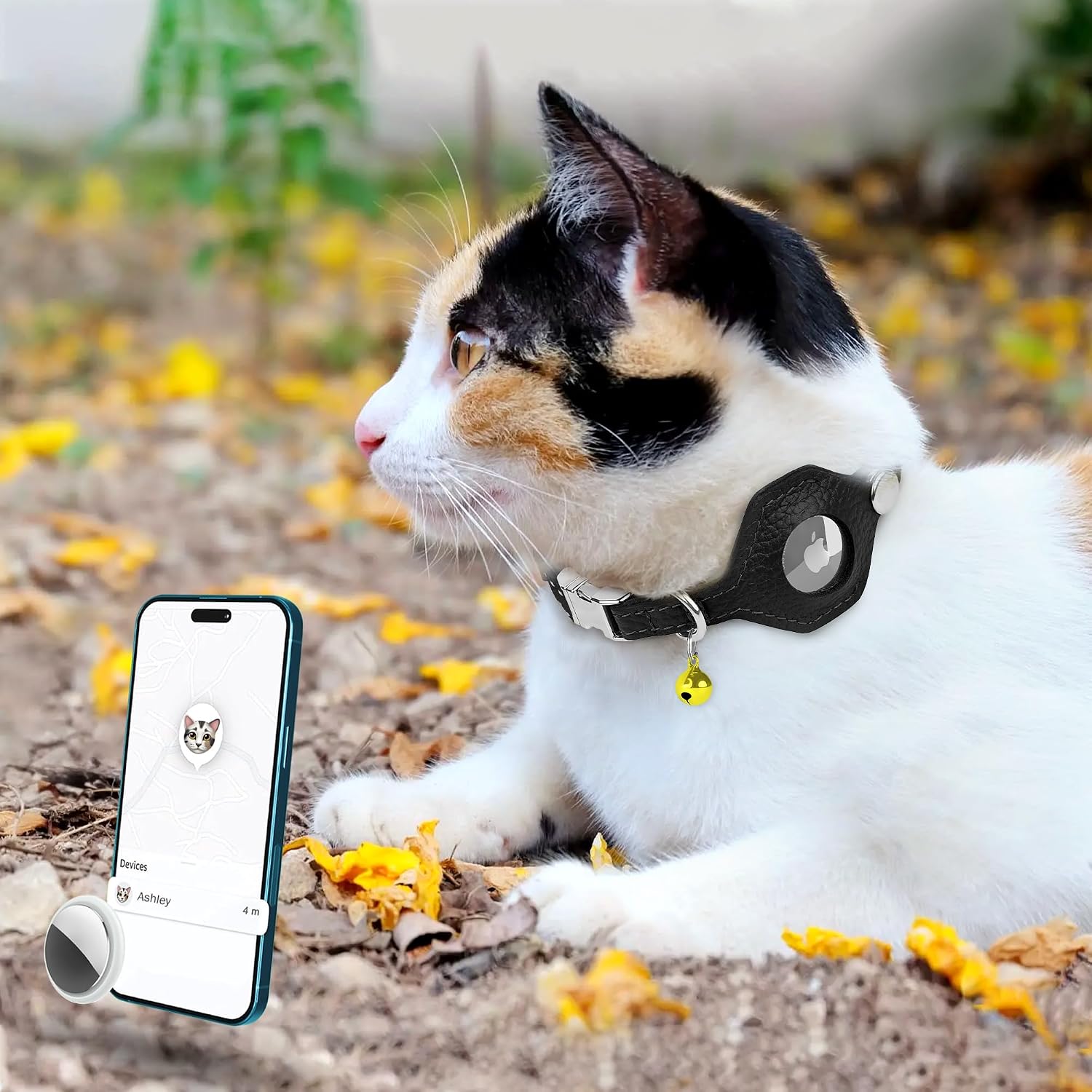 Reflective AirTag Cat Collar with Metal Buckle - Leather Soft Non Breakaway Cat Collars with Apple Air Tag Holder and Bell - Tracking GPS Secure Pet Collars for Cats Kitten Puppy (Black)