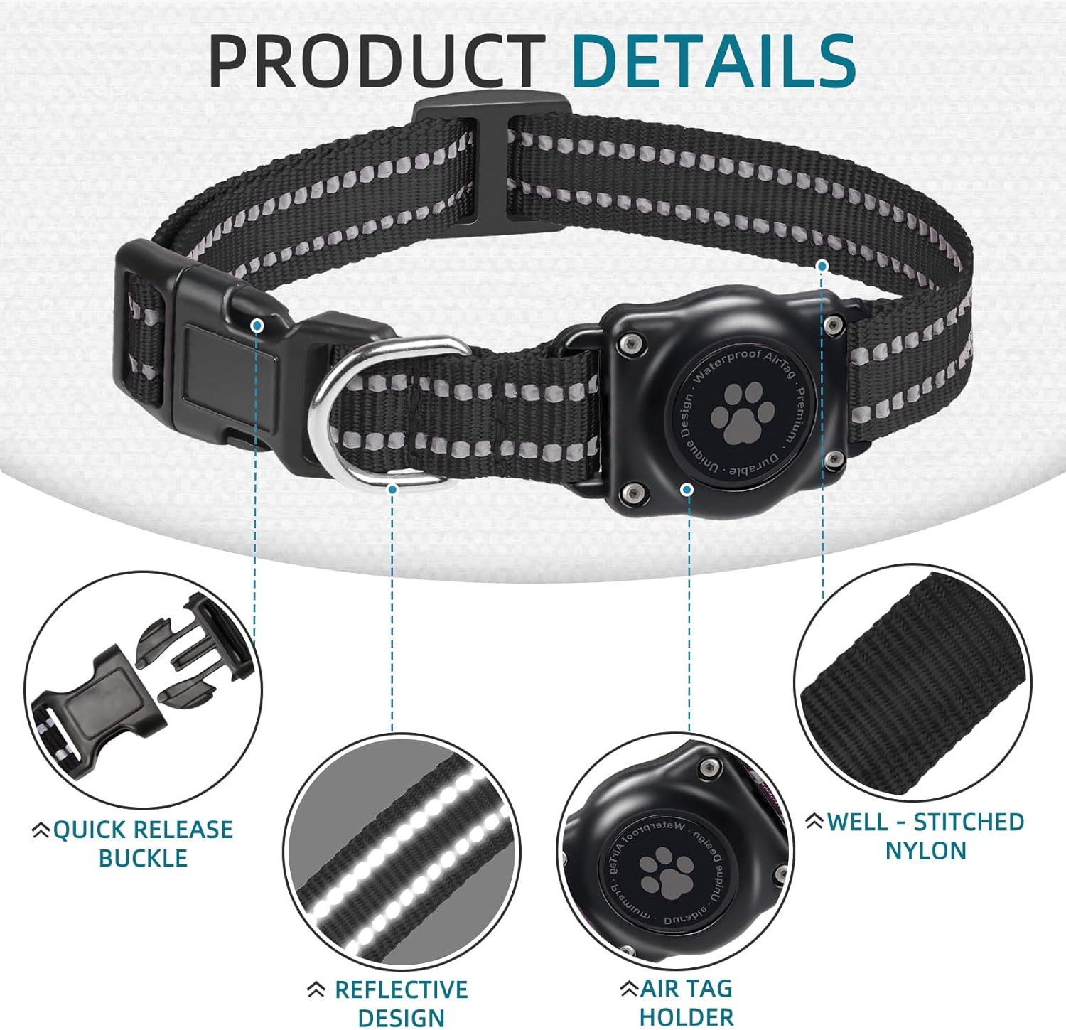 Reflective Waterproof AirTag Dog Collar - Adjustable GPS Tracker Collar for All Dog Sizes, Durable Nylon Safety Collar - Abbycart