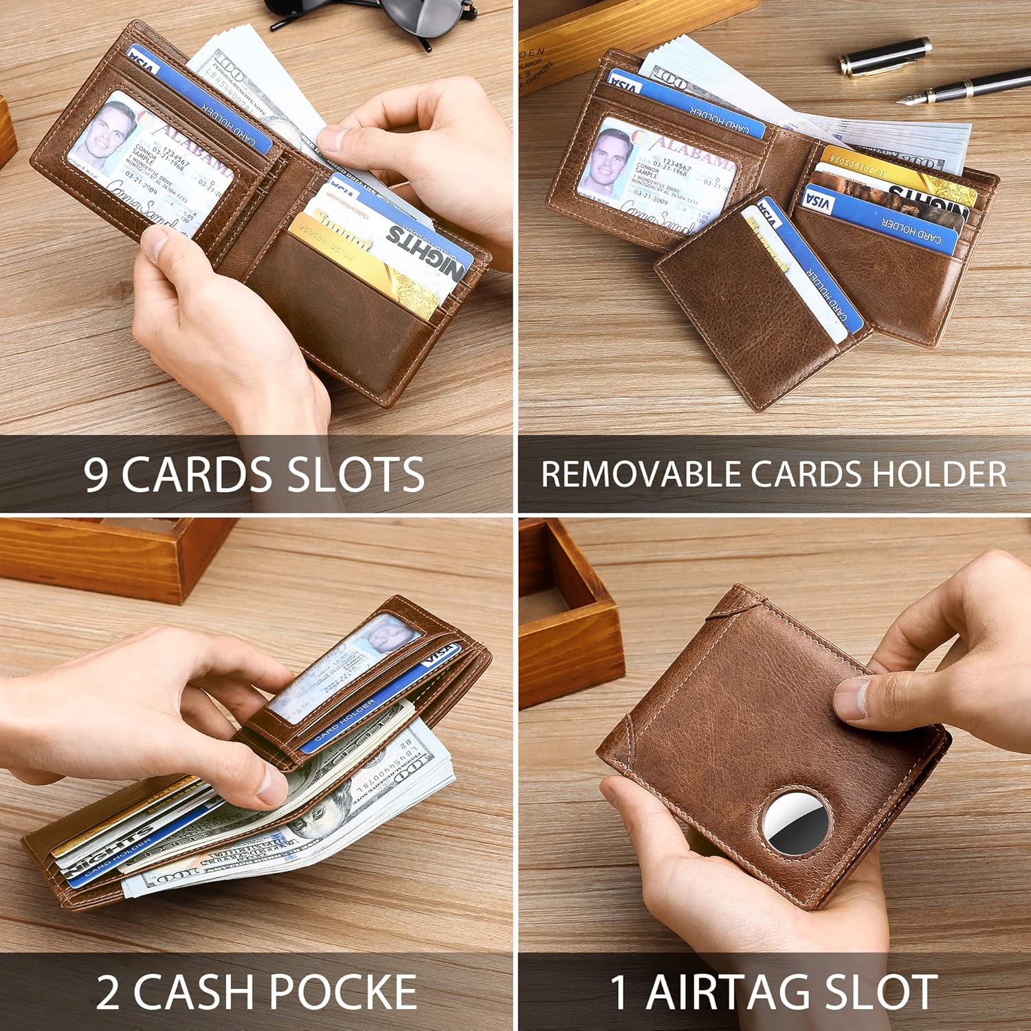 RFID Blocking Genuine Leather AirTag Wallet for Men - Bifold with 12 Card Slots, ID Window & Gift Box - Abbycart