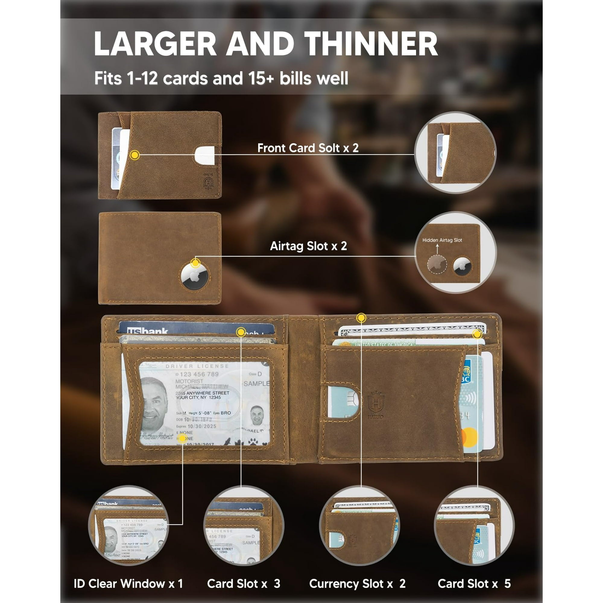 RFID Blocking Men's Leather Wallet with AirTag Holder - Slim Bifold Design for 15 Cards - Abbycart