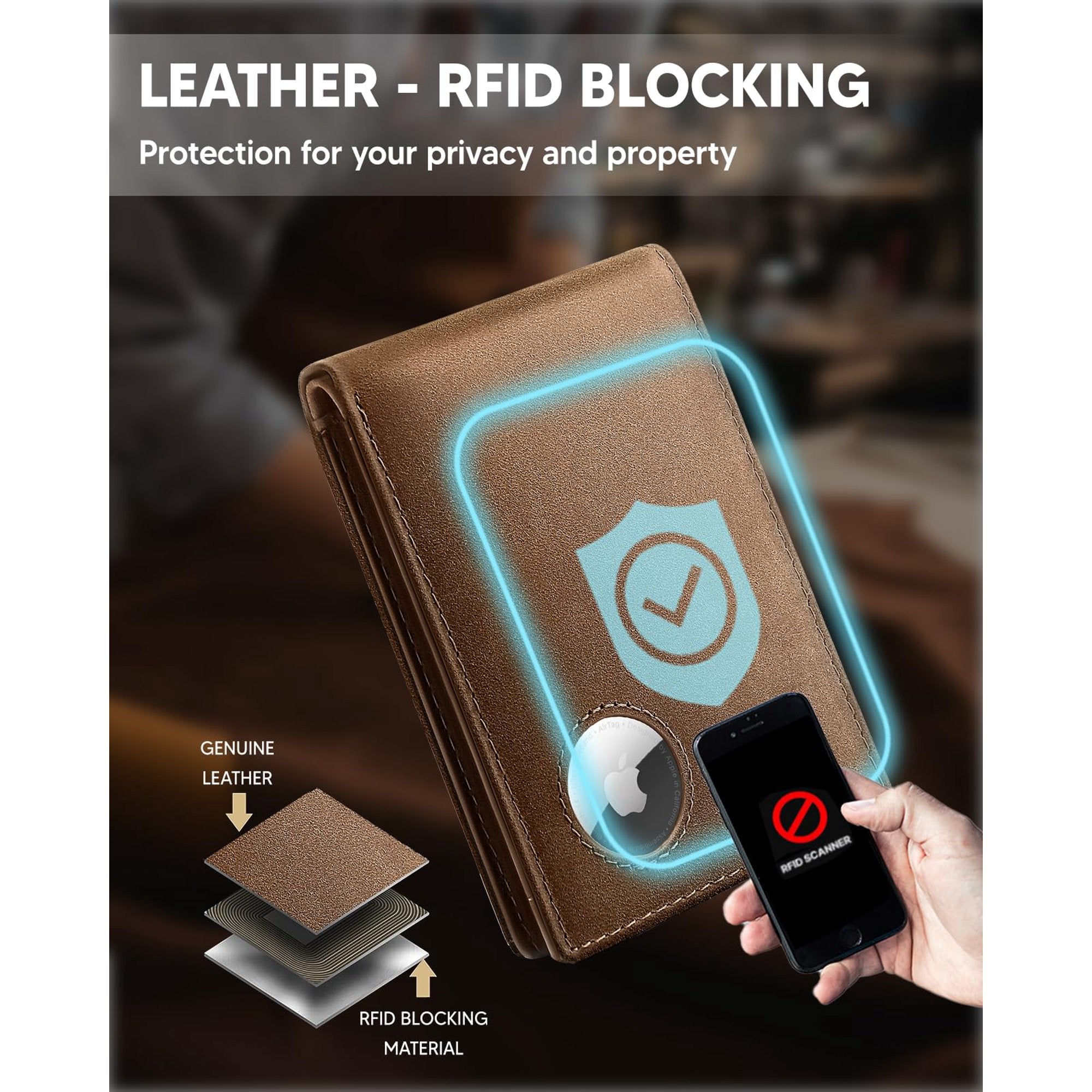 RFID Blocking Men's Leather Wallet with AirTag Holder - Slim Bifold Design for 15 Cards - Abbycart