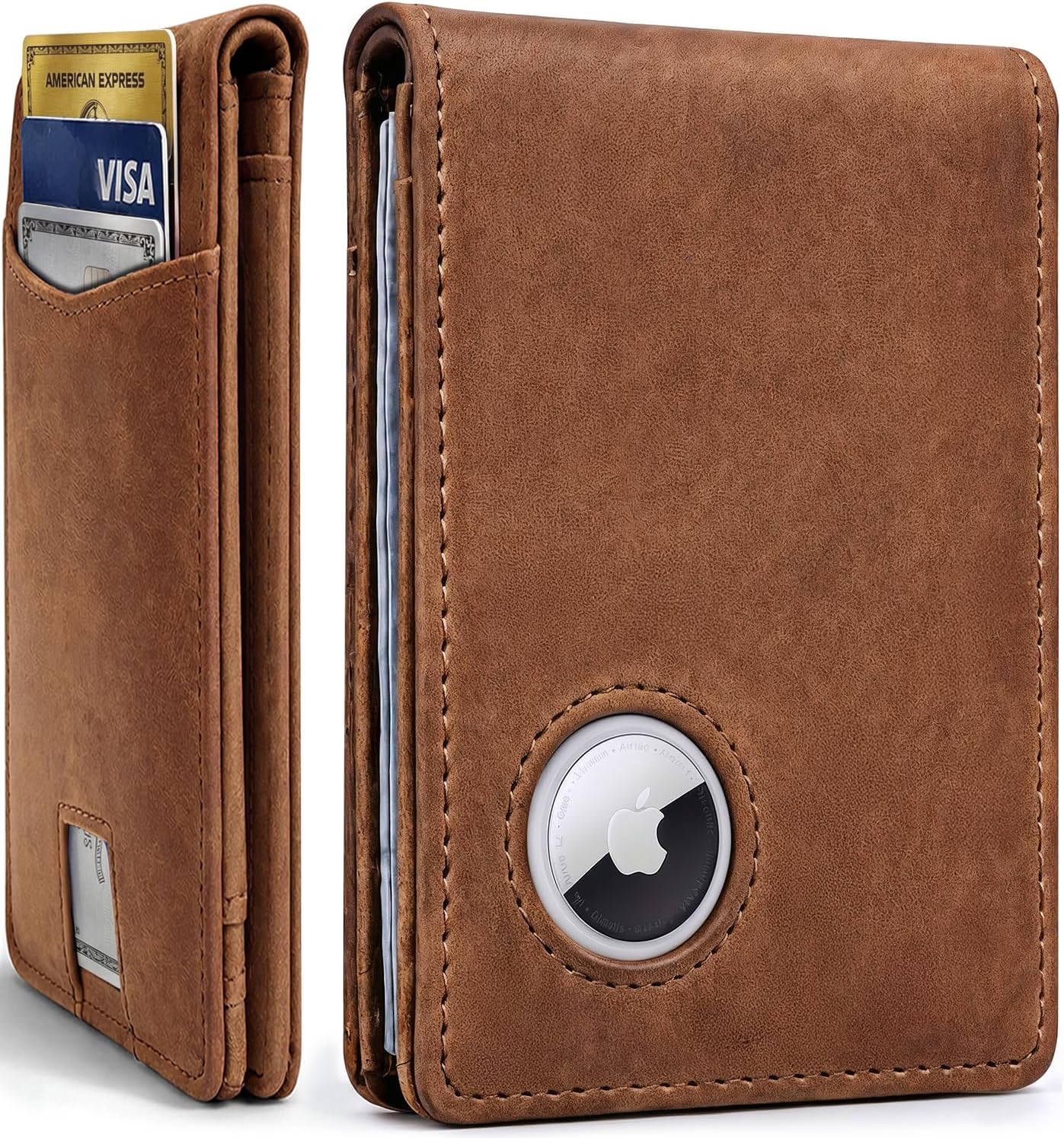 RFID Blocking Men's Leather Wallet with AirTag Holder - Slim Bifold Design for 15 Cards