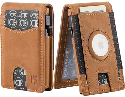 RFID Blocking Slim Leather Wallet with AirTag Holder & Pop-Up Card Case