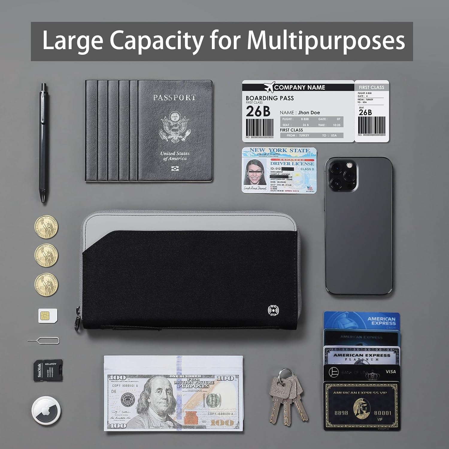 RFID Family Passport Wallet with AirTag Holder - Large Capacity Travel Organizer - Abbycart