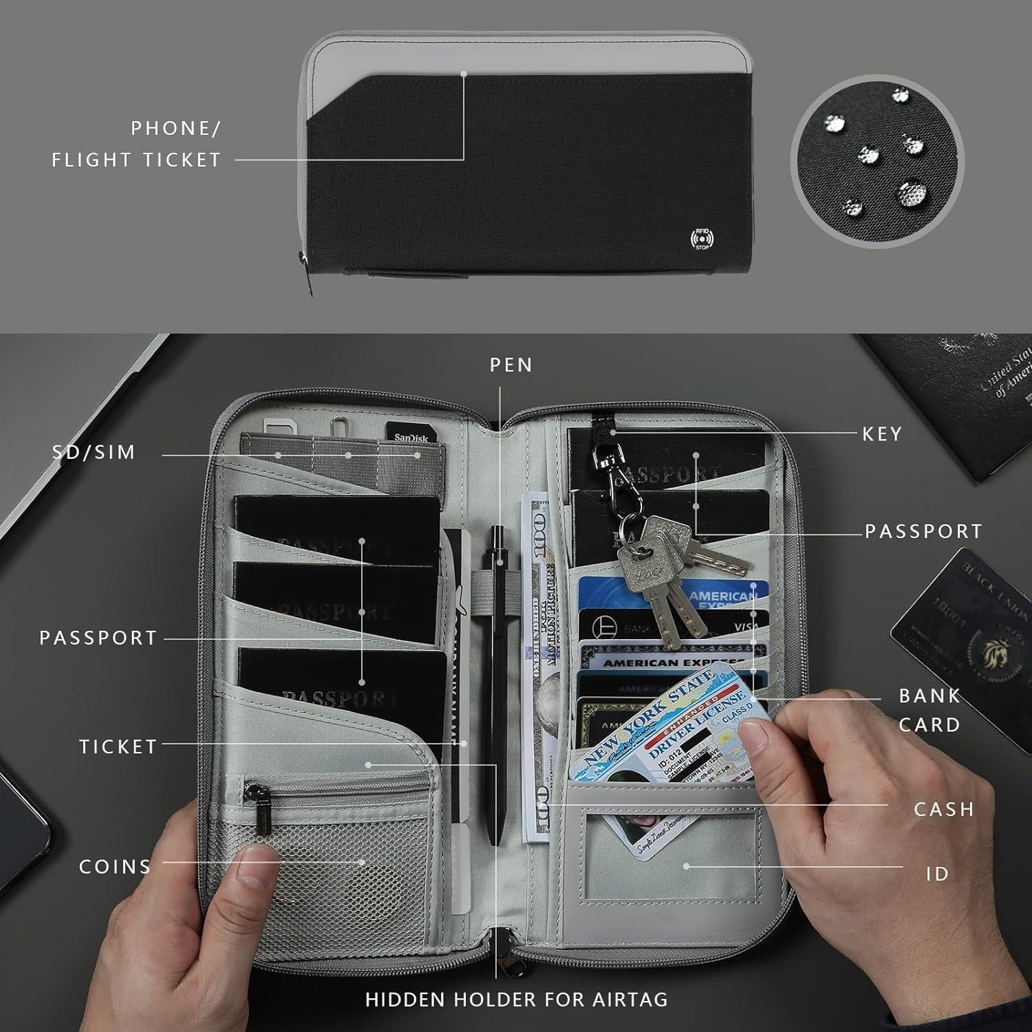 RFID Family Passport Wallet with AirTag Holder - Large Capacity Travel Organizer - Abbycart