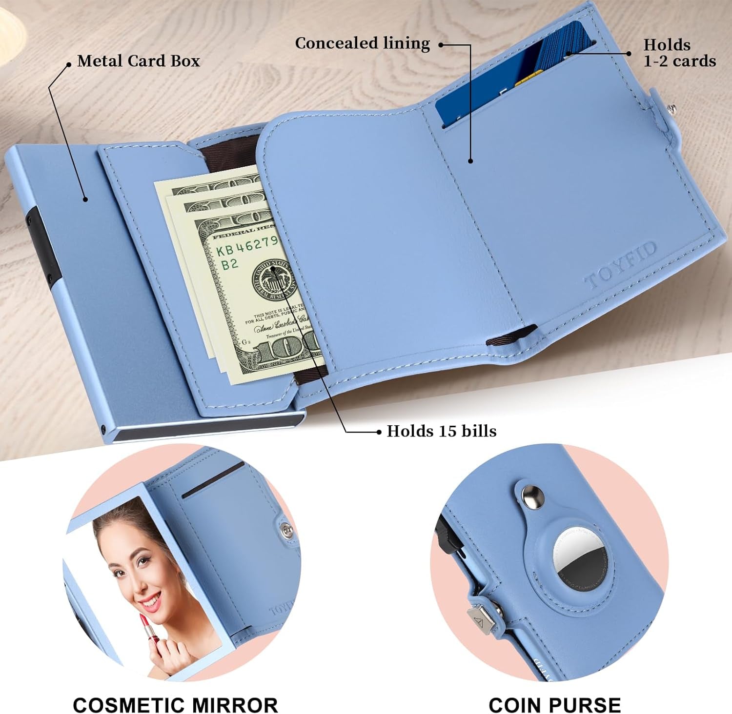 RFID Leather Wallet for Women with Mirror and AirTag Slot - Elegant Tri-Fold Design - Abbycart