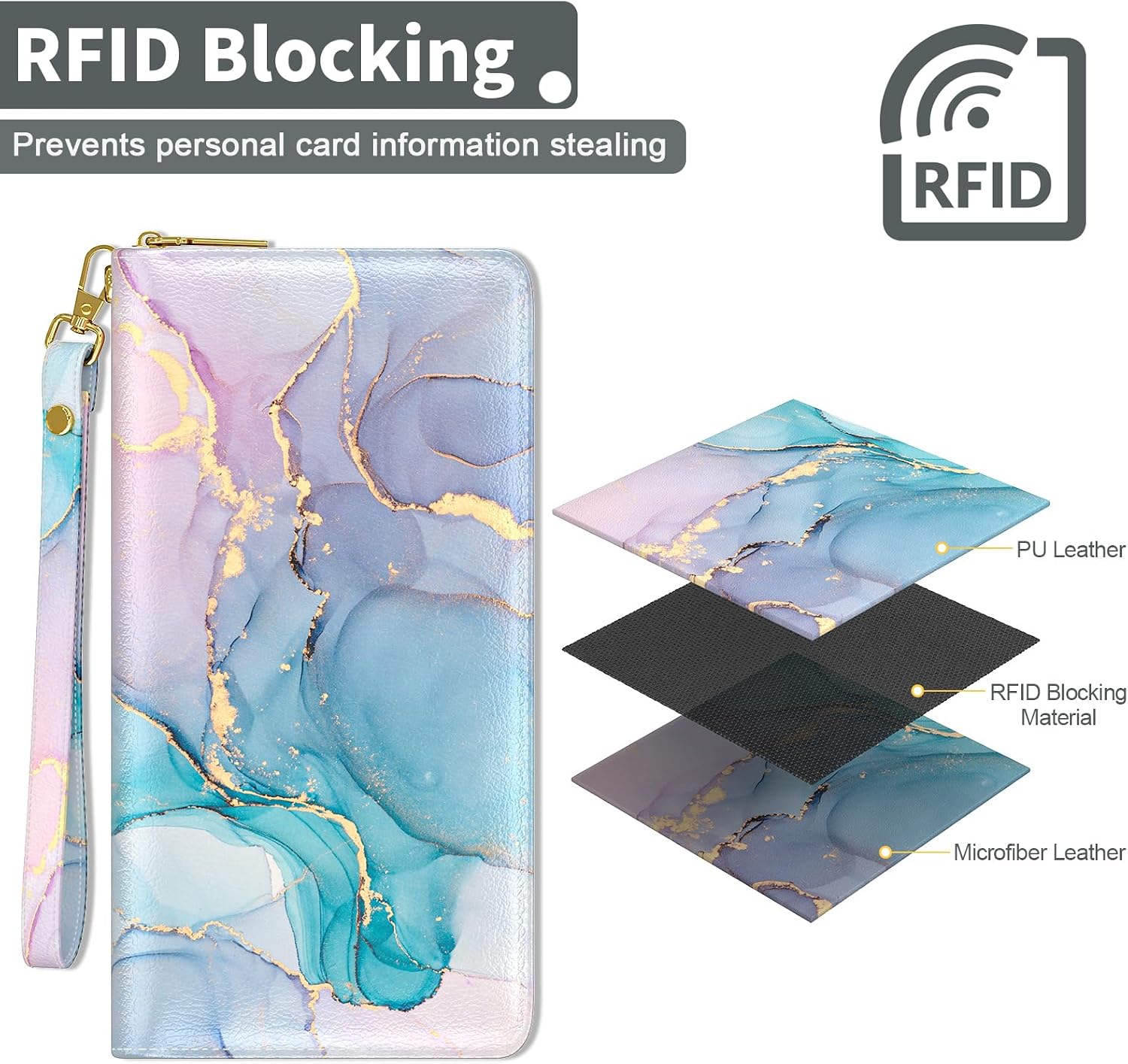 Nipichsha Womens Wallet, RFID Wristlet Wallet for Women, Cute Ladies Purse, Large Credit Card Clutch Purse, Leather Card Holder Wallets with Zipper & Phone Holder, Colorful Ink Marble