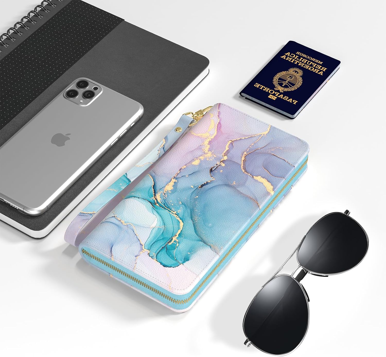 Nipichsha Womens Wallet, RFID Wristlet Wallet for Women, Cute Ladies Purse, Large Credit Card Clutch Purse, Leather Card Holder Wallets with Zipper & Phone Holder, Colorful Ink Marble